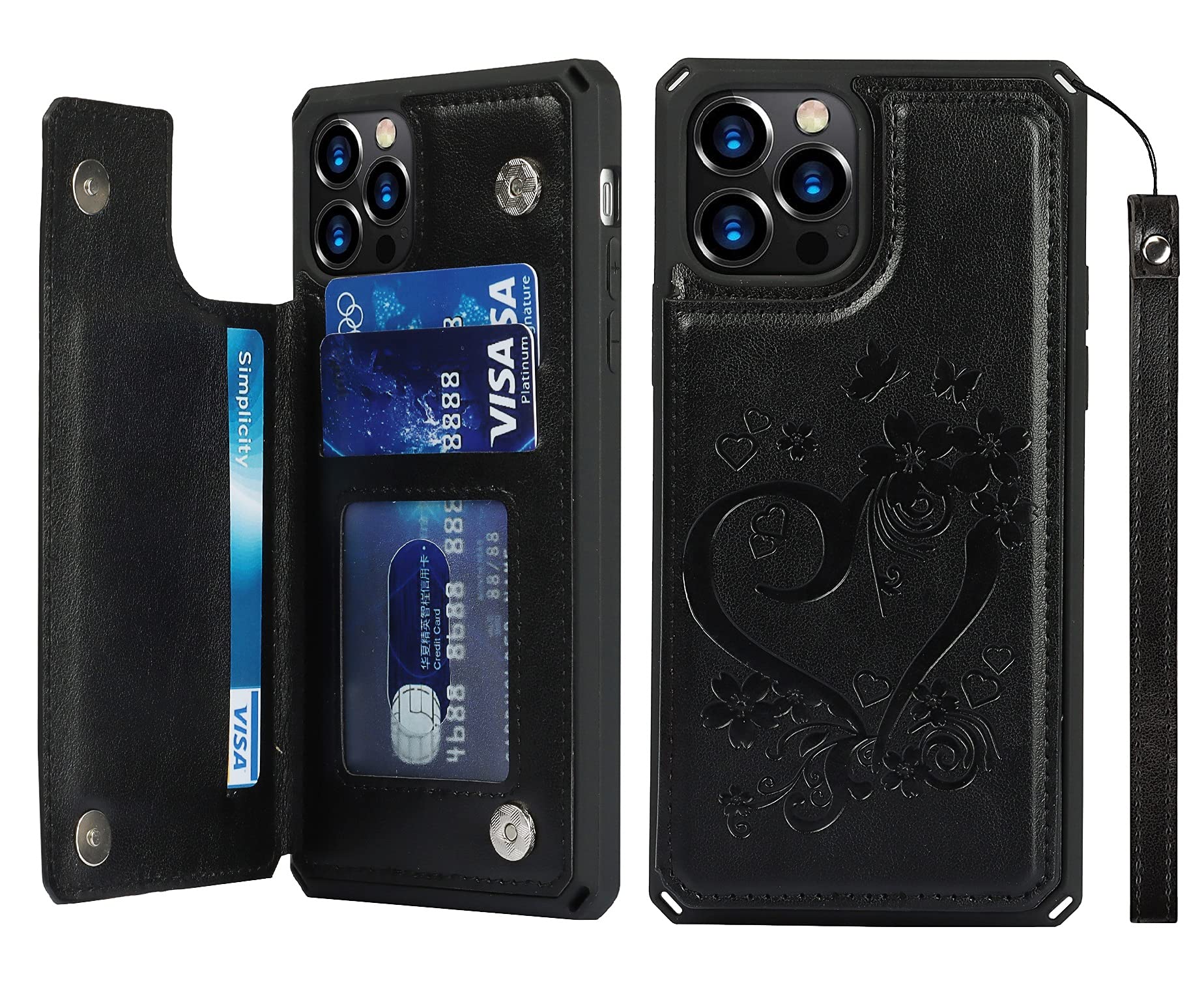 iCoverCase iPhone 12 Pro Max Wallet Case with Card Holder & RFID Blocking - 6.7 Inch PU Leather Phone Cover with Wrist Strap for Women (Heart Black) | Perfect for Everyday Use, Travel & Secure Contactless Payments