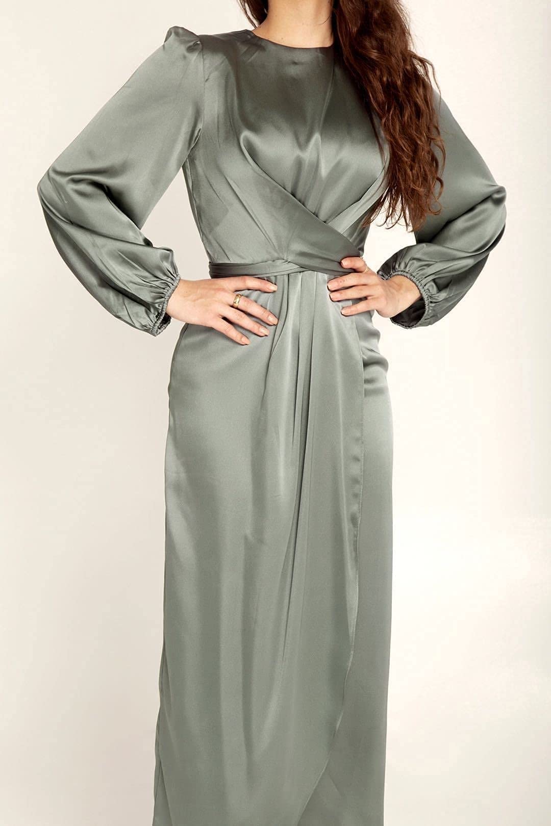 Elegant Empire Waist Long Sleeve Satin Maxi Dress for Women - Formal Evening Gown, Wedding Guest Dress, Prom Night & Special Occasions