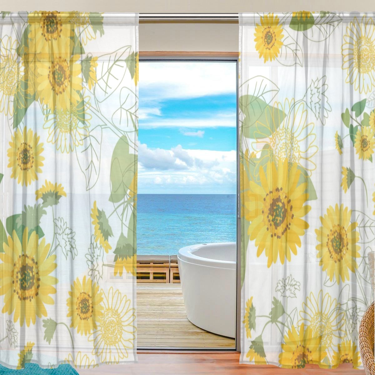ALAZA U Life Small Yellow Sunflowers Floral Patchwork Rod Pocket Sheer Voile Window Curtains - 55 x 78 Inches, Set of 2 Panels - Perfect for Living Room, Bedroom & Kitchen Decor