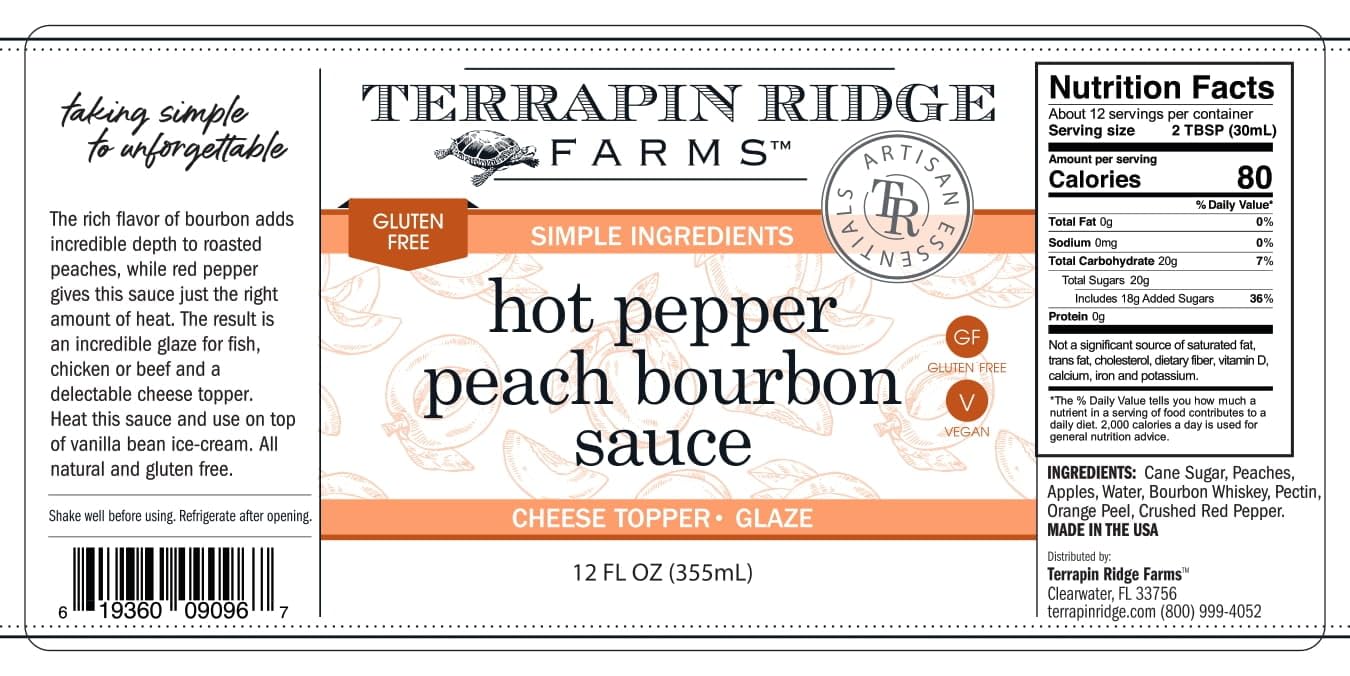 Terrapin Ridge Farms Hot Pepper Peach Bourbon Sauce - 3 Pack (12 Fl Oz Bottles Each) | Spicy Sweet Glaze for BBQ, Wings & Cocktails | Gourmet Condiment Gift Set