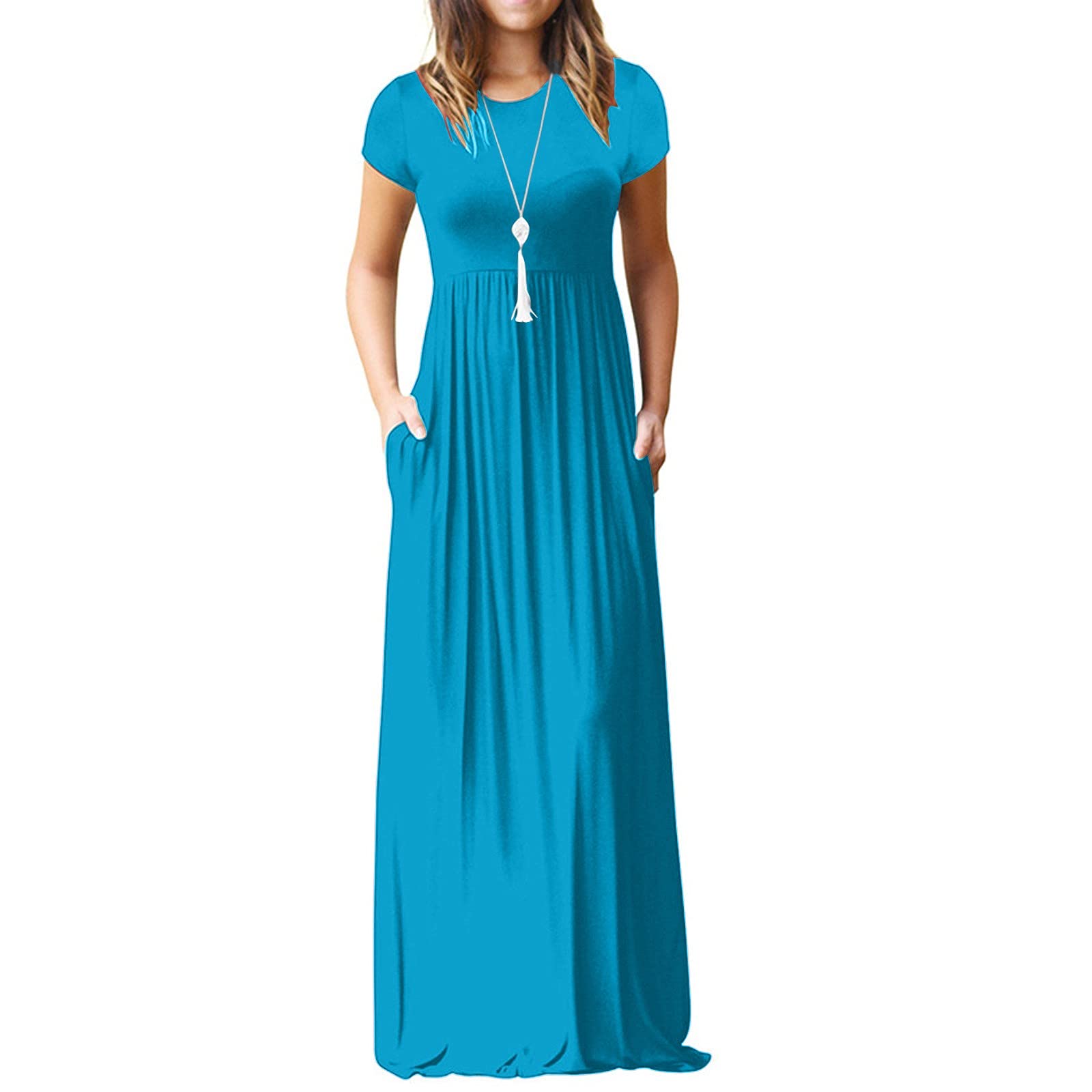 Stylish Black Long Maxi Dress for Women - Casual Short Sleeve Crewneck Wave Print Sundress with Pockets | Perfect for Beach, Summer Vacations & Outdoor Events
