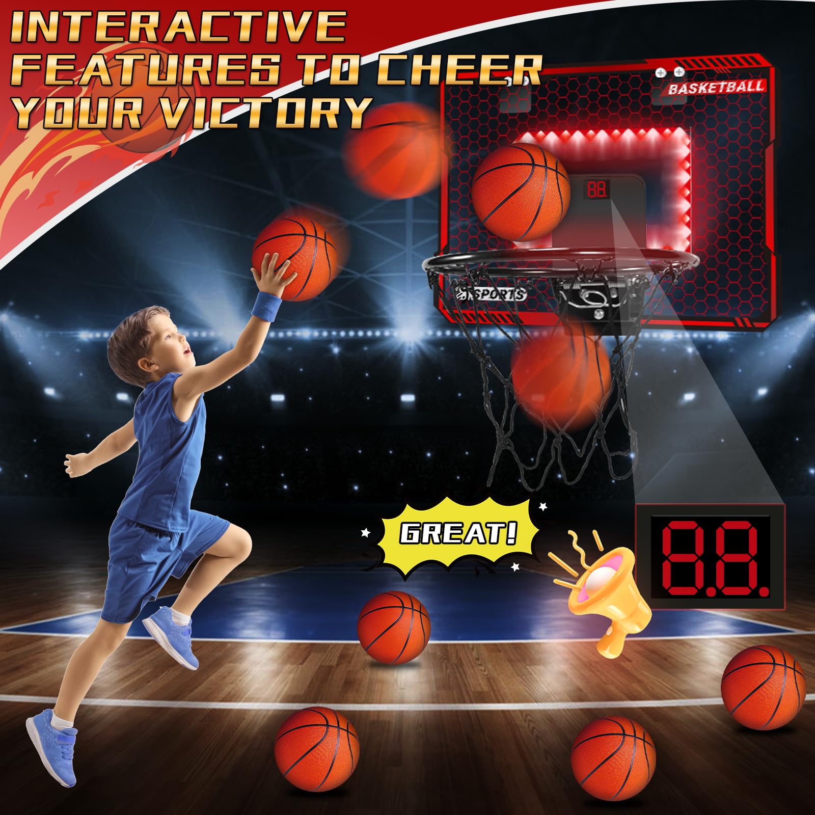 LED Basketball Hoop for Kids - Indoor Mini Hoop with Scoreboard & Balls - Fun Sports Gift for Boys 5-10 Years - Perfect for Bedroom & Playroom Games