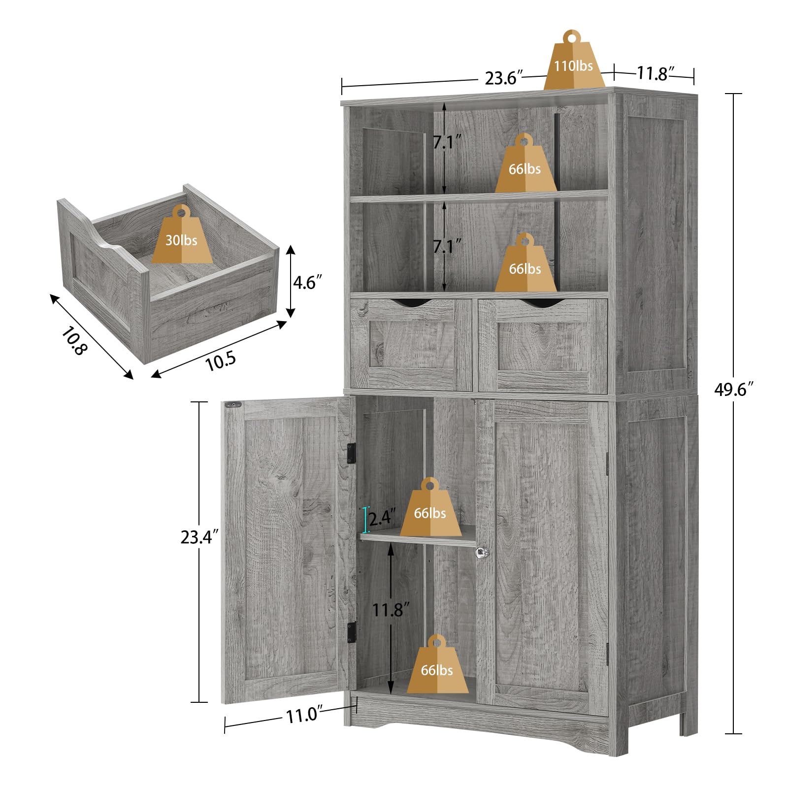 Iwell Tall Storage Cabinet with 2 Drawers & Adjustable Shelves - Bathroom Cabinet with Doors, Cupboard Organizer for Living Room, Dining Room, Entryway - Grey - Perfect for Home Organization & Small Space Storage Solutions