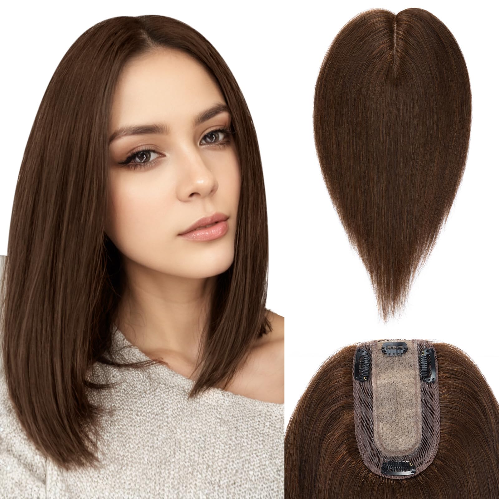 Benehair Clip-in Human Hair Topper for Women with Thinning Hair - 18 Inch Remy Silk Base Hairpiece, Medium Brown (#04) - Natural Looking Hair Extensions for Daily Wear & Special Occasions