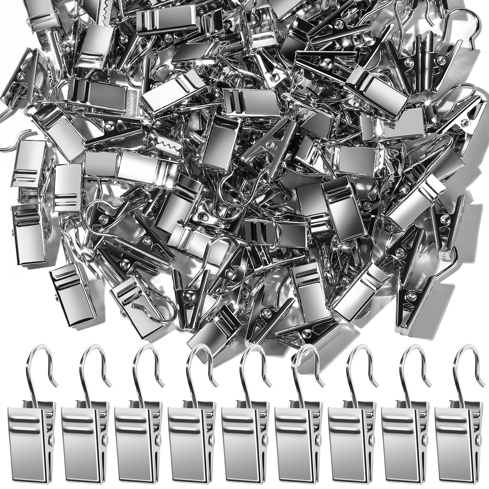 100 PCS Stainless Steel Small Curtain Hooks & Clips - Heavy Duty S Hooks for Hanging Drapes, Photos, Tents, Party Decorations | Perfect for Home Decor, Craft Projects & Event Setup (Silver)