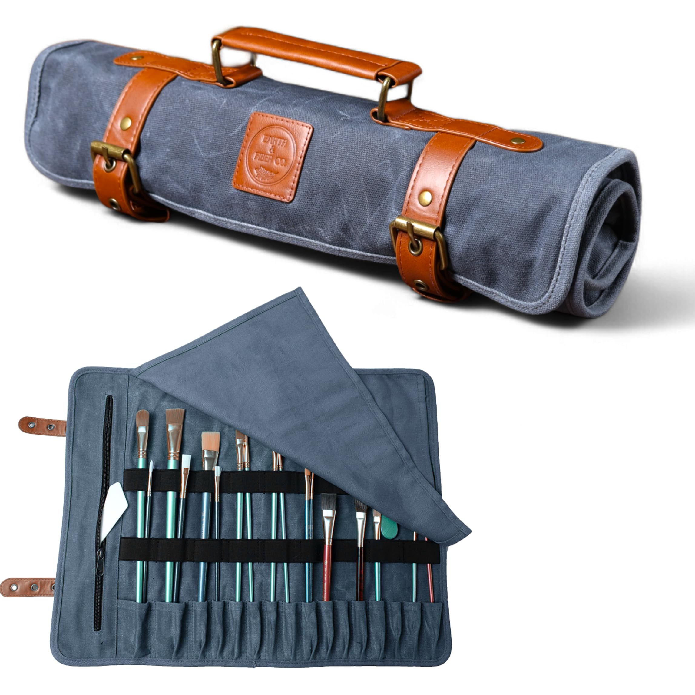 Earth & Fiber Co. Waxed Canvas Paint Brush Holder - Waterproof Art Storage Roll Bag for Painting & Drawing Supplies - Perfect for Outdoor Sketching, Studio Organizing & Travel Art Kits (Blue)