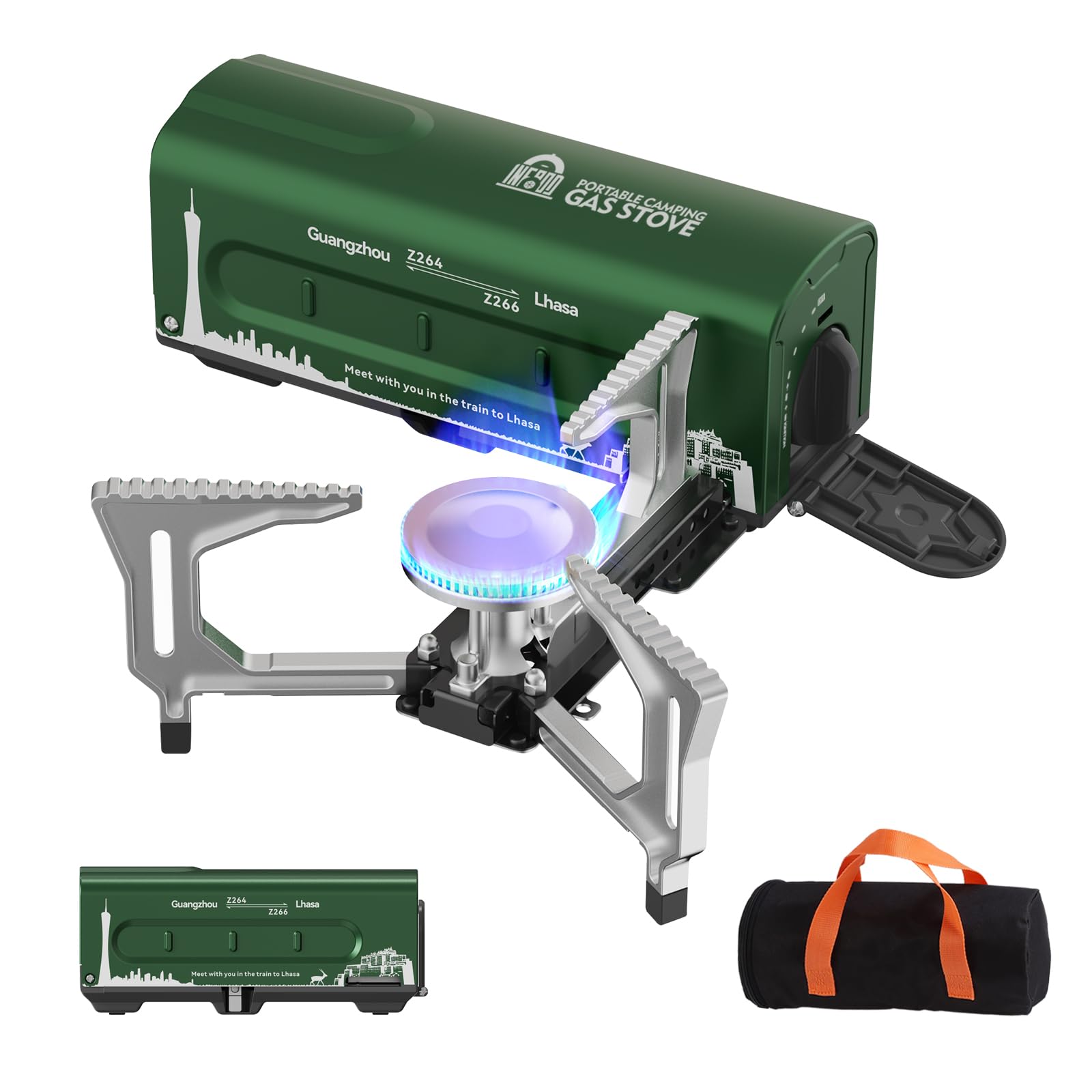 Portable Butane Camping Stove with Carrying Bag - Compact Folding Gas Stove for Outdoor Cooking, Backpacking, Hiking, RV Trips & Picnics | Perfect for Camping, Emergency Preparedness & Home Use (Green)