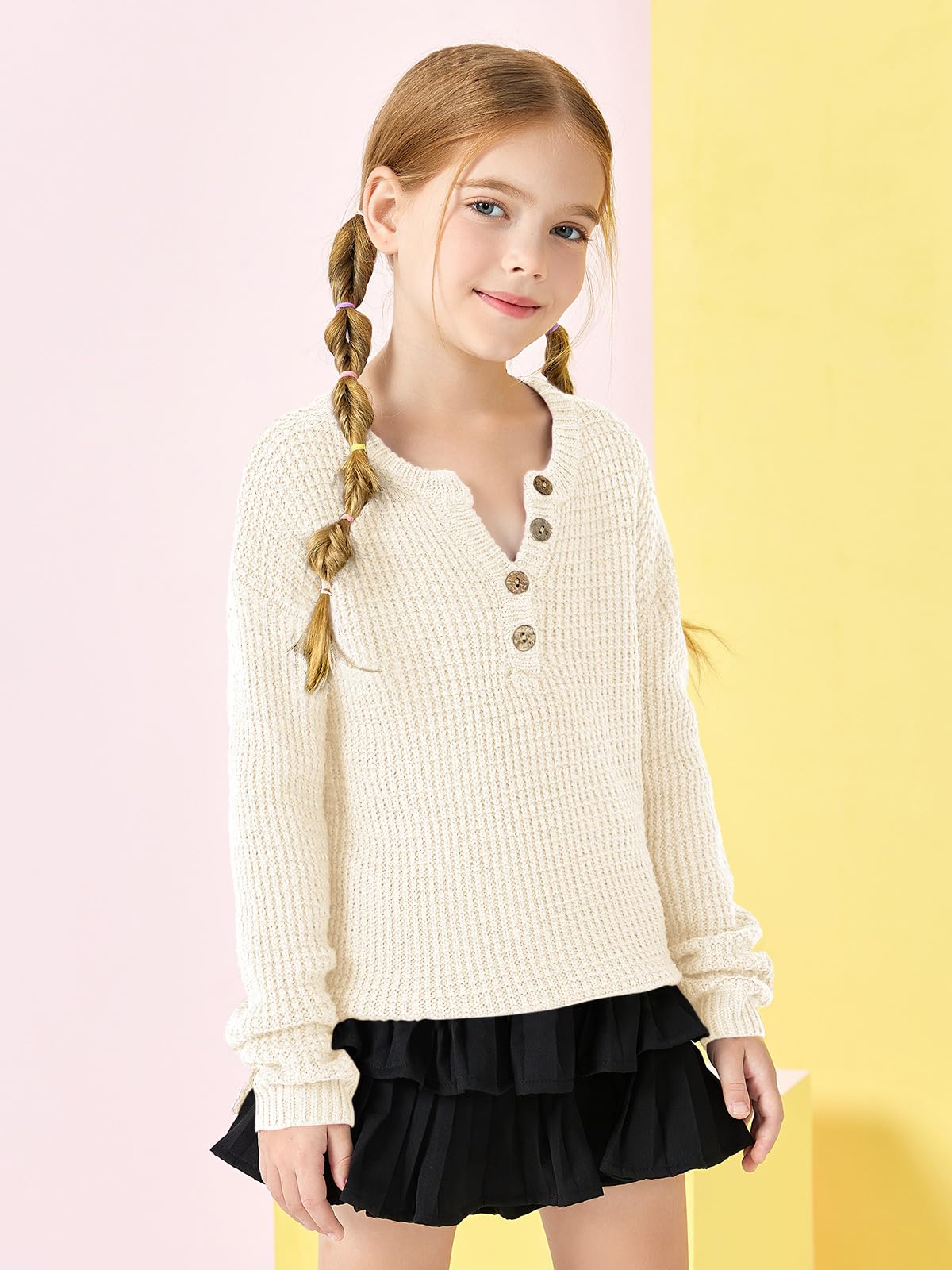 Trendy Girls Waffle Knit Sweater - Henley Button V-Neck Long Sleeve Pullover Jumper Top for School, Fall Outfits & Casual Wear