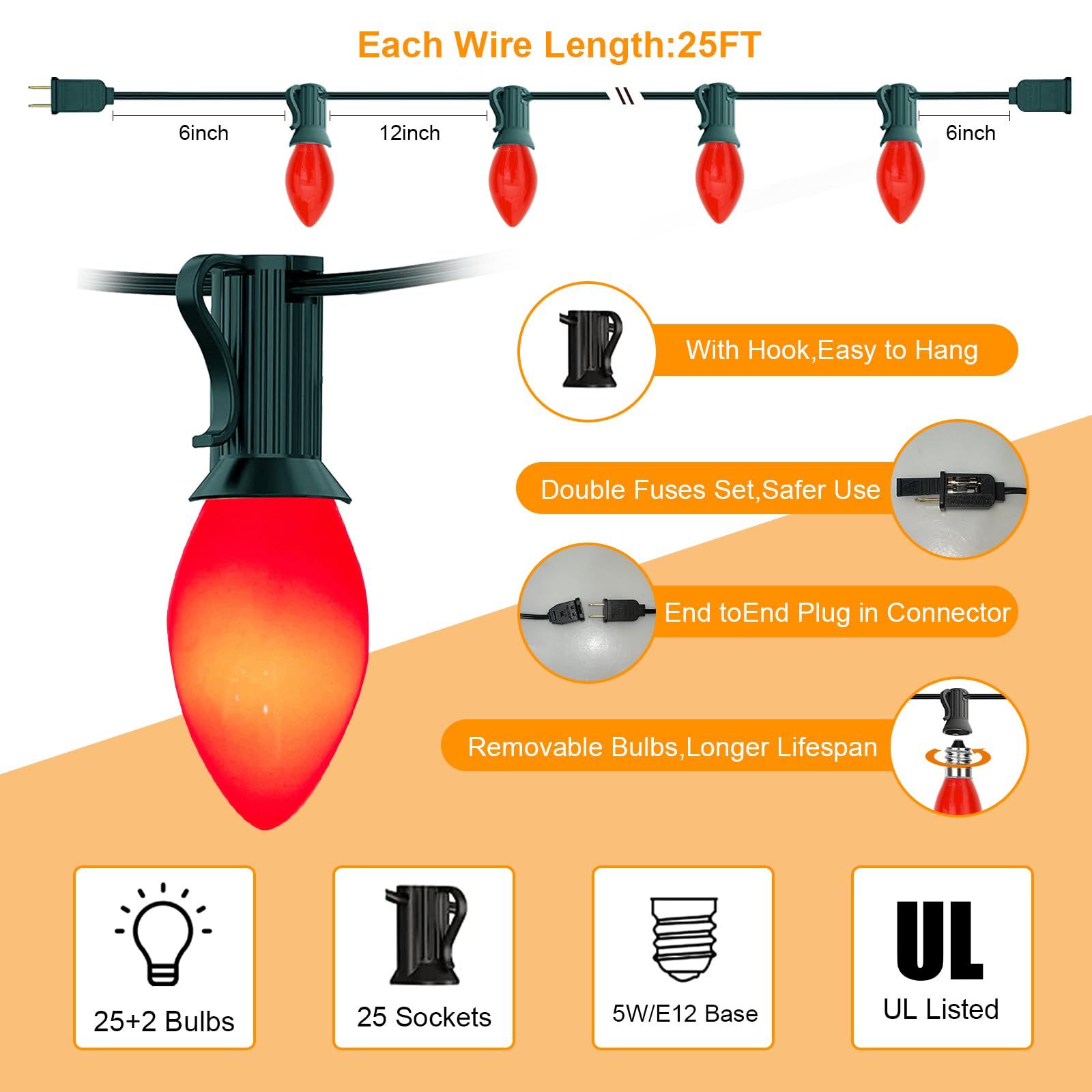 25Ft Outdoor Christmas Lights with 27 Red/White C7 Ceramic Bulbs - Waterproof Roofline Patio Lights for Christmas, Garden, Wedding & Party Decor - Perfect for Holiday Home, Yard, Porch and Tree Lighting
