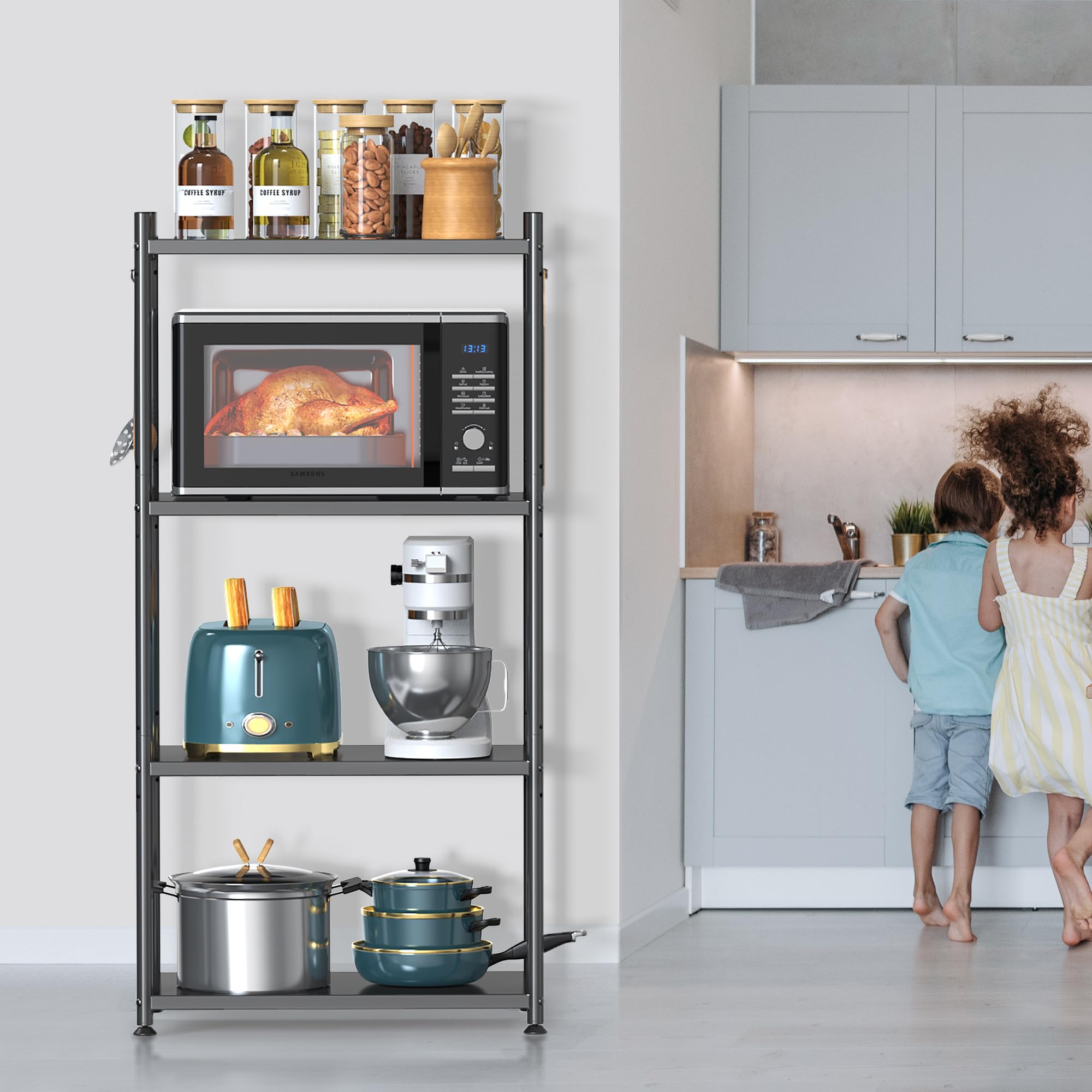 4-Tier Adjustable Height Microwave Stand with Storage - Industrial Kitchen Bakers Rack on Lockable Wheels (47.2