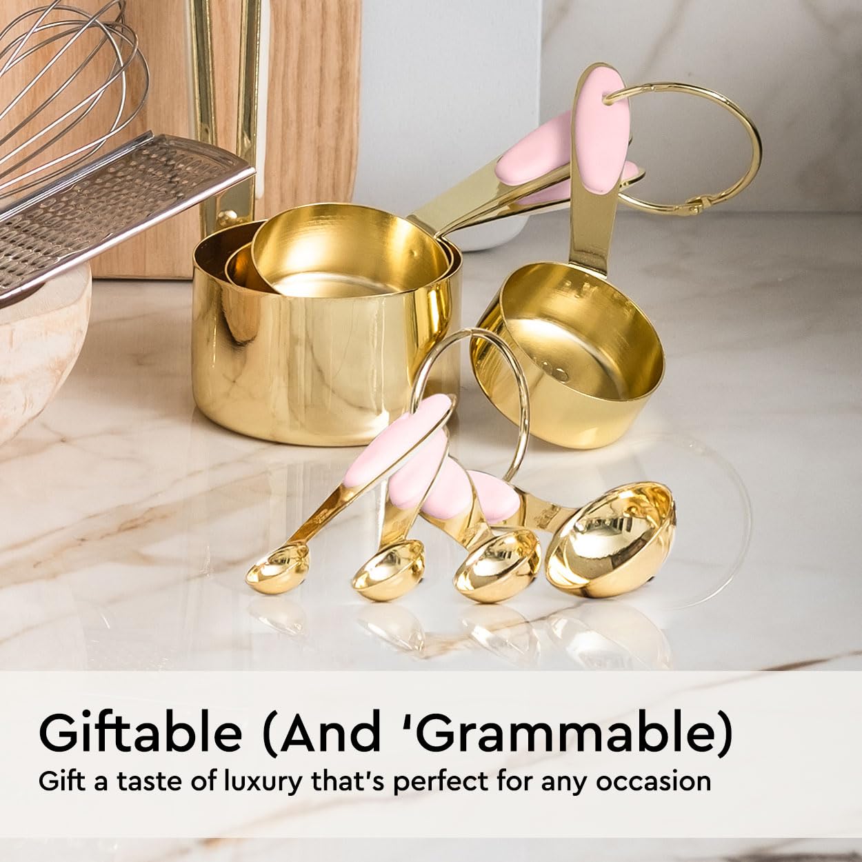 8-Piece Stainless Steel Measuring Cups and Spoons Set in Gold & Pink - Durable Baking Tools with Ergonomic Silicone Handles - Perfect for Cooking, Baking, Cake Decorating & Kitchen Decor Gifts