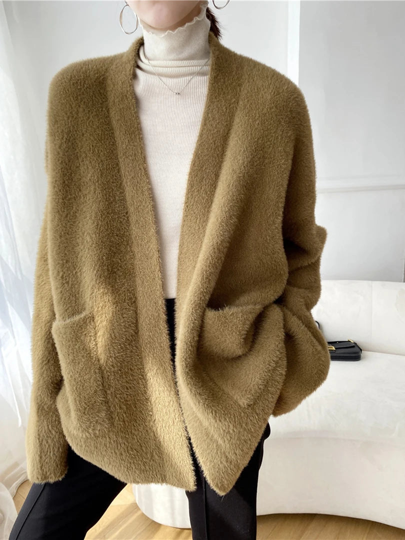 Luxury Big Size Camel Cashmere Knit Cardigan for Women - Loose Fit V-Neck Long Sleeve Sweater | Soft & Warm Winter Fashion 2025 | Perfect for Office, Travel & Casual Outfits