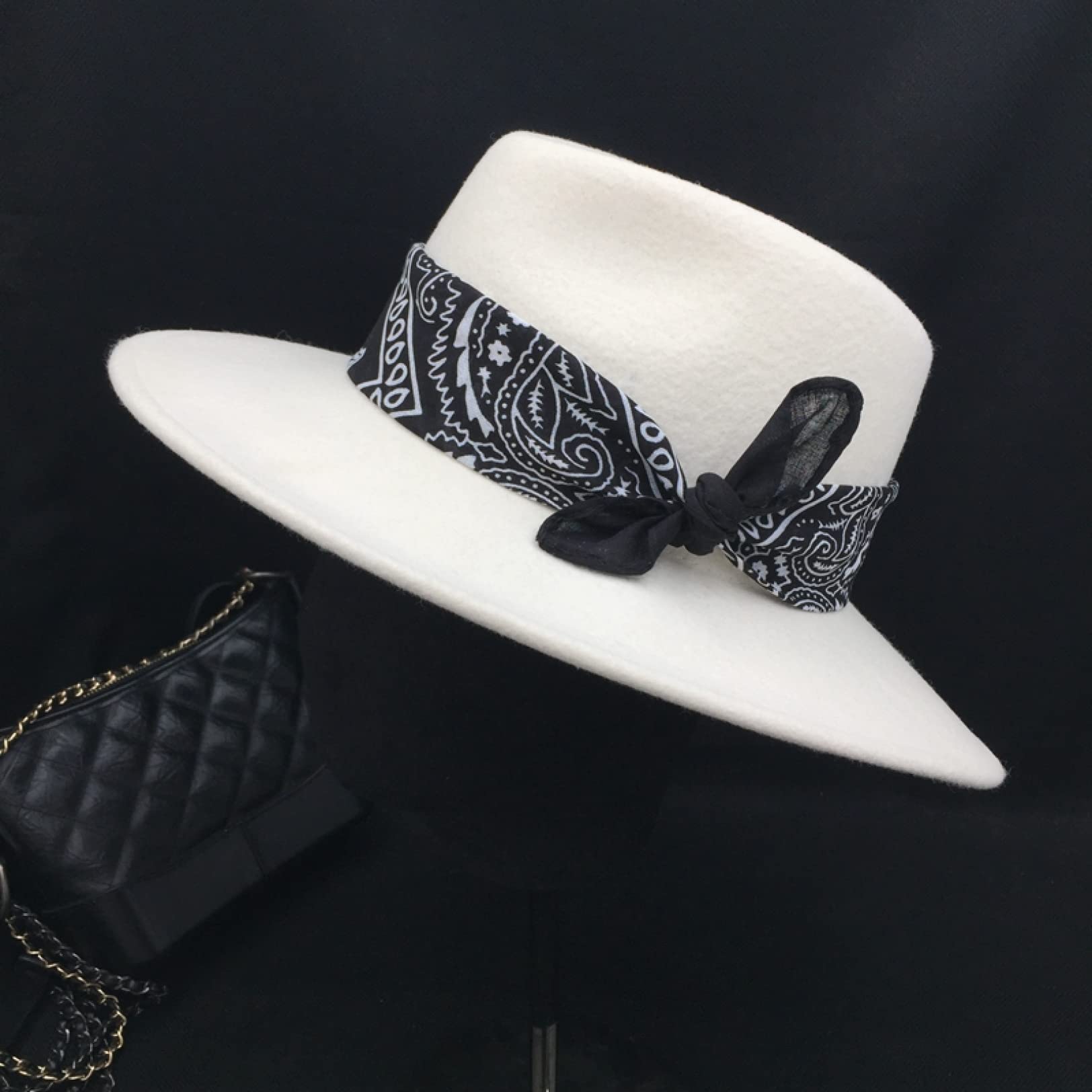 Women's White Wool Fedora Hat with Silk Scarf Belt - Wide Brim Panama Style Winter Top Hat for Ladies | Perfect for Outdoor Events, Weddings & Cold Weather Fashion