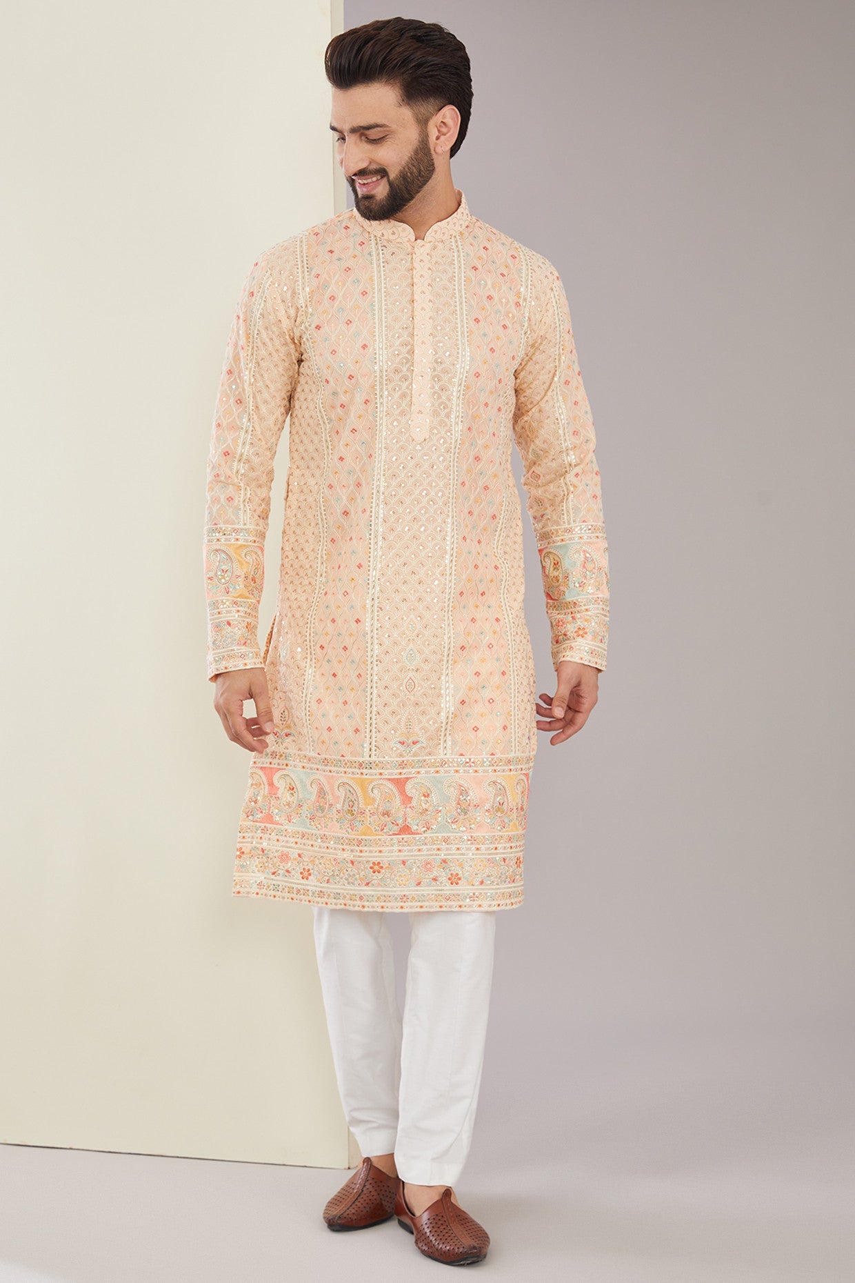 Stylish Peach Multi Embroidered Kurta for Women - Traditional Indian Ethnic Wear for Festivals, Weddings & Casual Outings