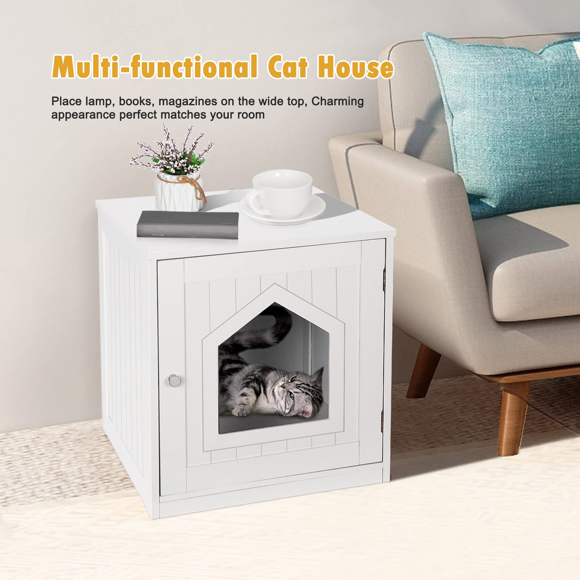 Hidden Cat Litter Box Furniture Enclosure - White Indoor Cabinet with Side Table & Nightstand Design | Perfect for Small Spaces & Home Decor | Multi-Functional Cat House for Living Room, Bedroom or Bathroom