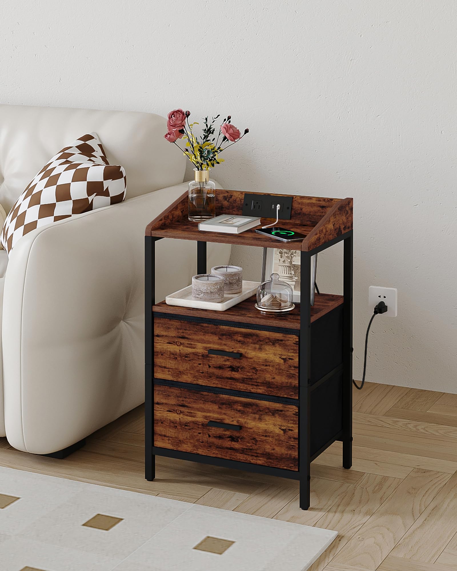 Modern Nightstand with USB Ports & Power Outlets - Rustic Brown End Table with Storage for Bedroom