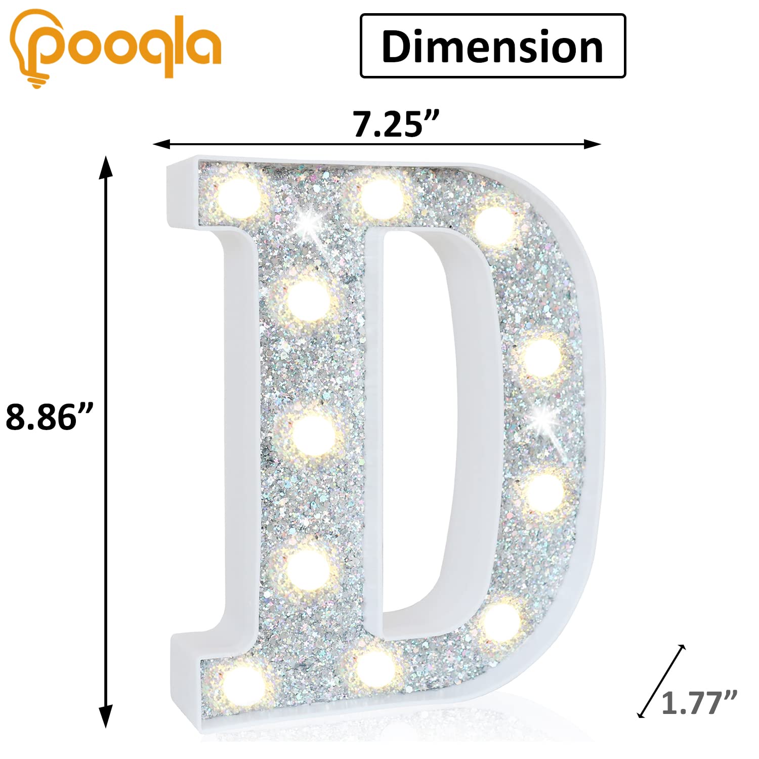 Pooqla LED Marquee Letter Lights - Silver Glitter Alphabet Letter D - Battery Powered Light Up Sign for Home Decor, Birthday Party, Wedding, Christmas - Perfect for Girls Gifts, Bar & Night Light Decorations