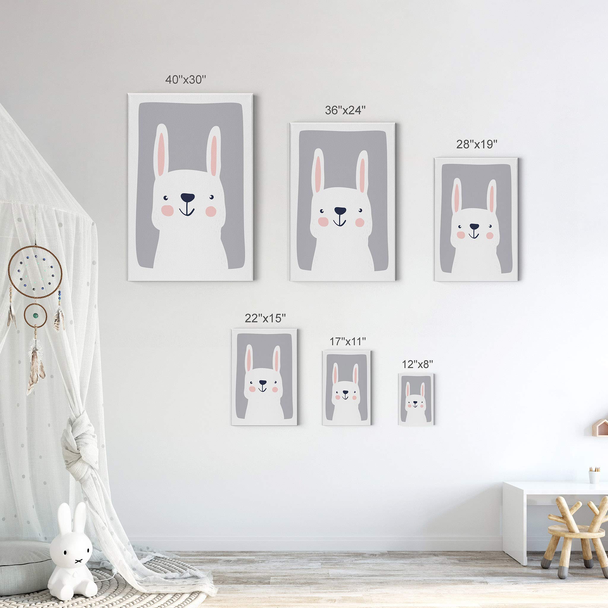 Cute Rabbit Blue Background Canvas Print - Smile Art Design Kids Room Decor, Nursery Wall Art, Baby Room Decor - Ready to Hang 22x15 Inches - Made in USA | Perfect for Children's Bedrooms, Playrooms & Baby Showers