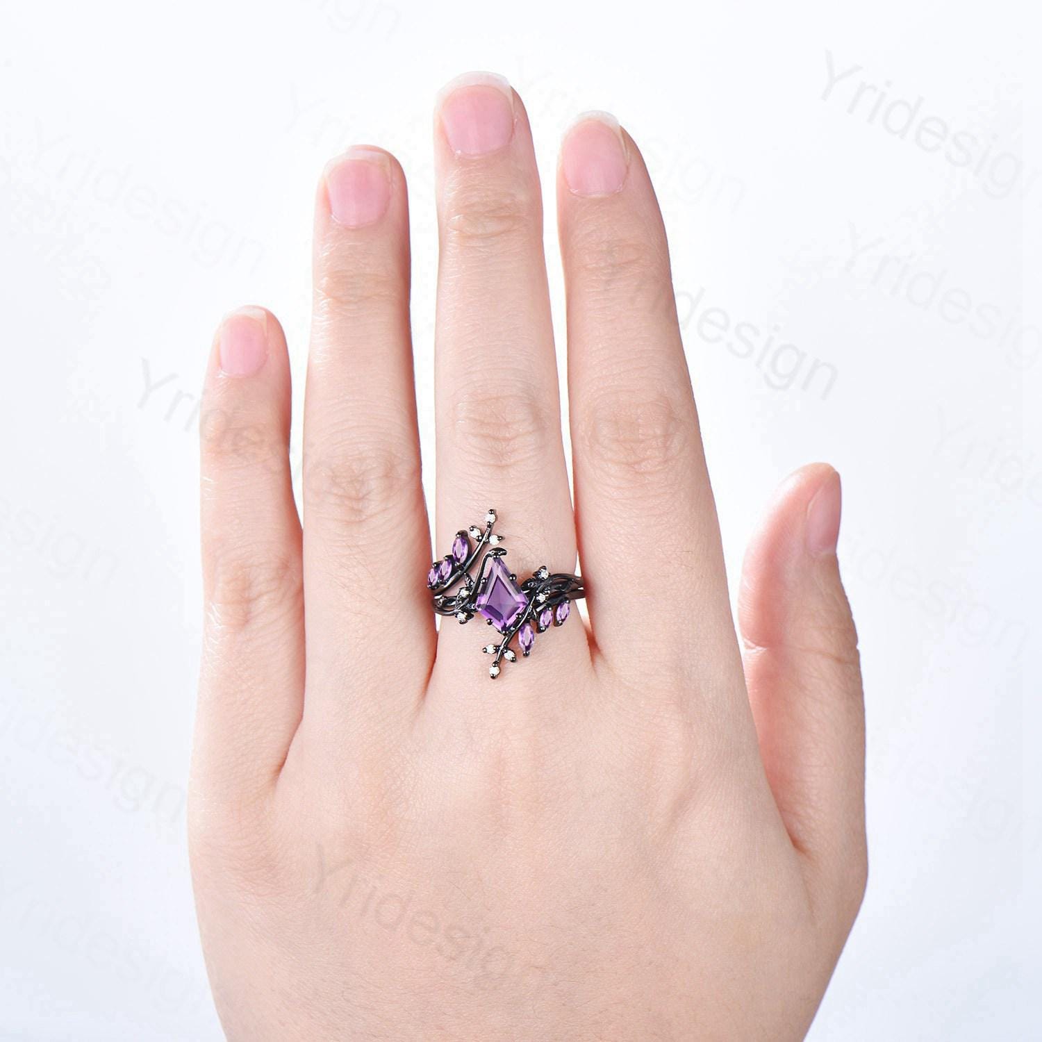 Nature Inspired Black Gold Amethyst Engagement Ring Set - Unique Marquise Cut Purple Gemstone with Leaf Branch Design for Bridal Wedding Jewelry | Perfect for Proposals, Anniversaries & Special Occasions