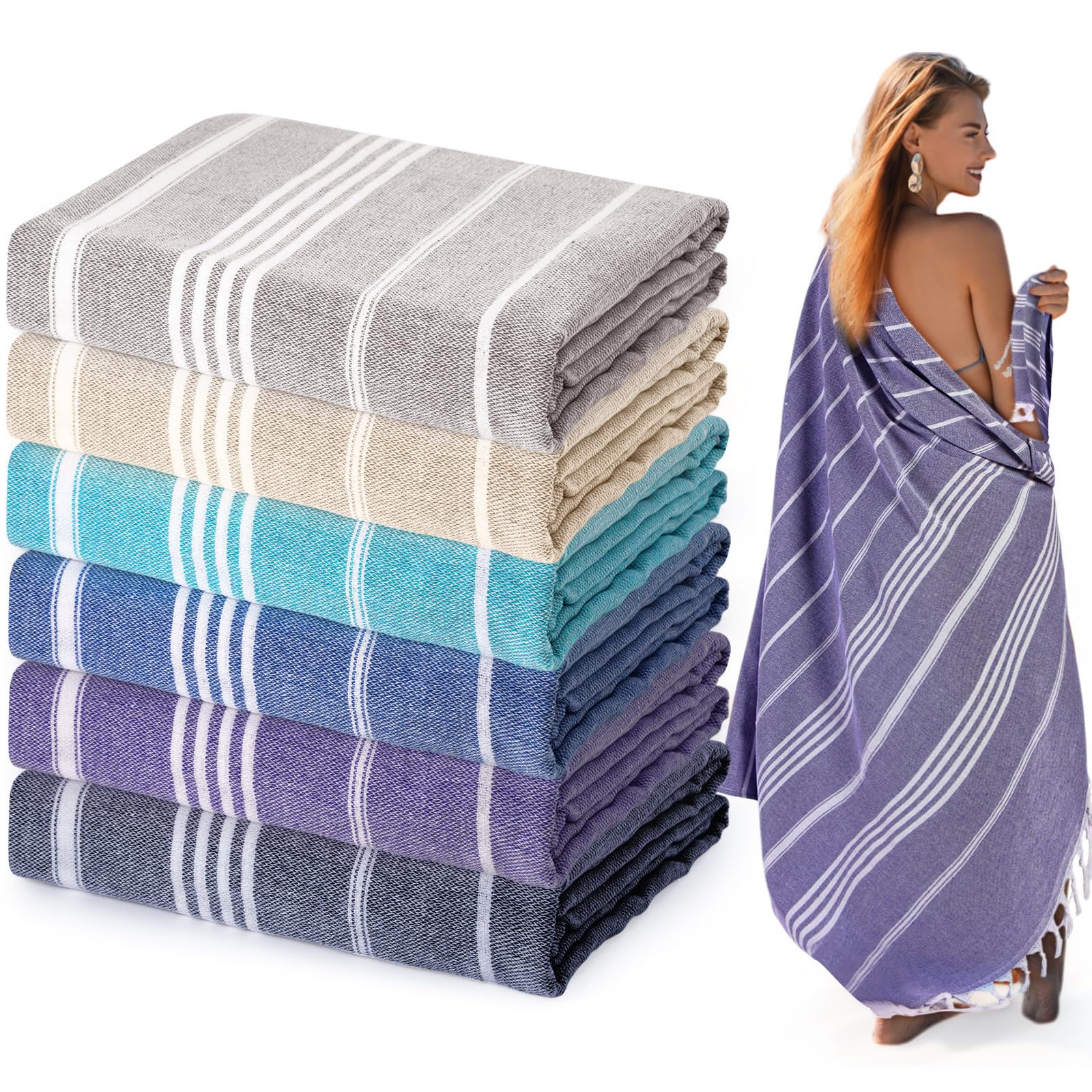 Moukeren 6 Pack Oversized Turkish Beach Towels 61 x 82 Inches - Extra Large Cotton Beach Blanket, Lightweight, Absorbent, Quick Dry, Sand Proof - Perfect for Travel, Bathroom, Pool, Picnic & Yoga (6 Colors)
