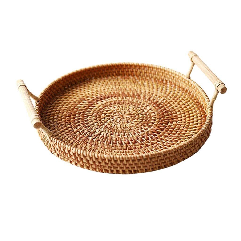 Hand-Woven Rattan Storage Tray with Handle - Round Wicker Basket for Bread, Fruits & Food Display - Perfect for Breakfast Serving, Kitchen Organization & Home Decor