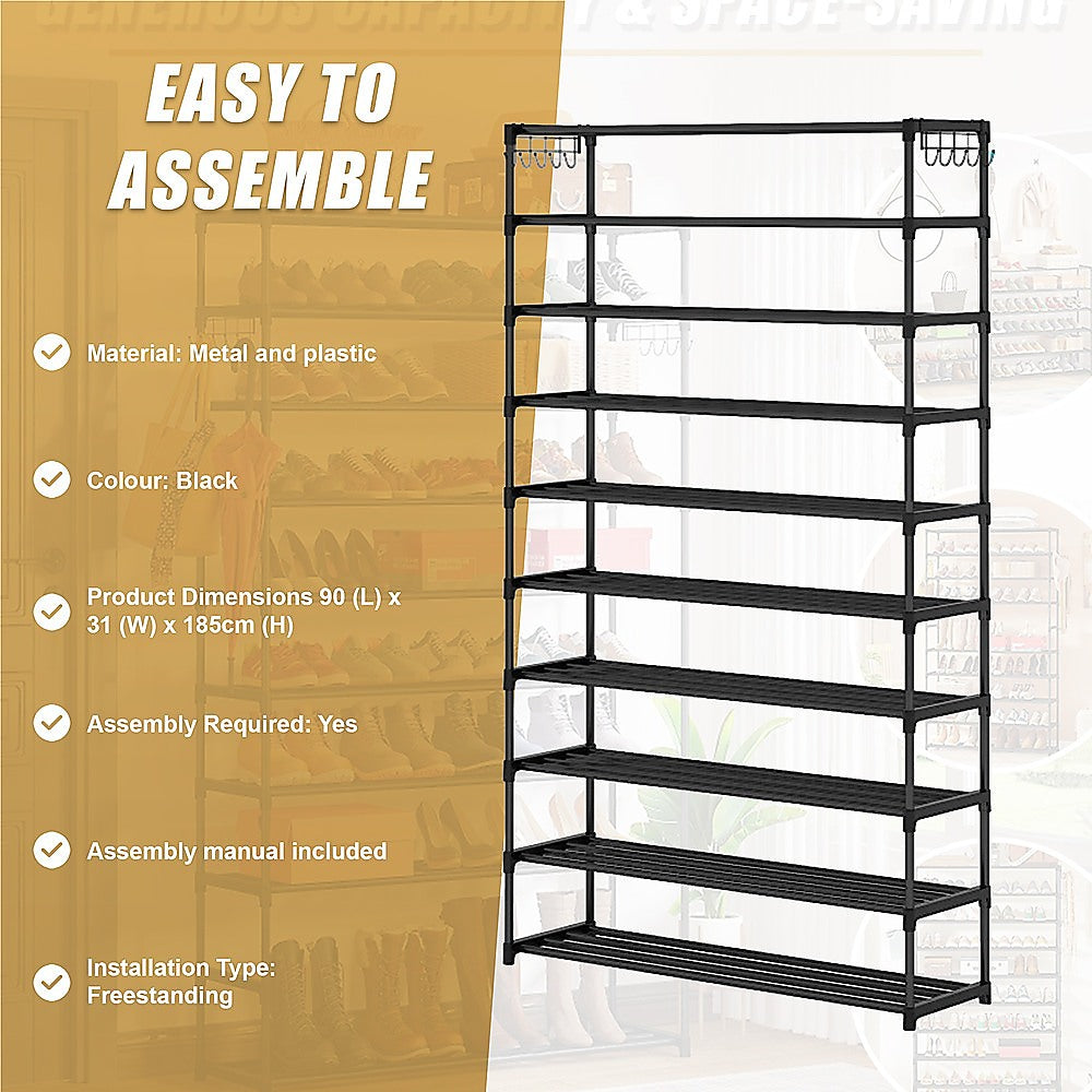 10-Tier Black Metal Shoe Rack Organizer - Large Capacity Storage for 50 Pairs of Shoes - Perfect for Closet, Entryway, and Bedroom Organization