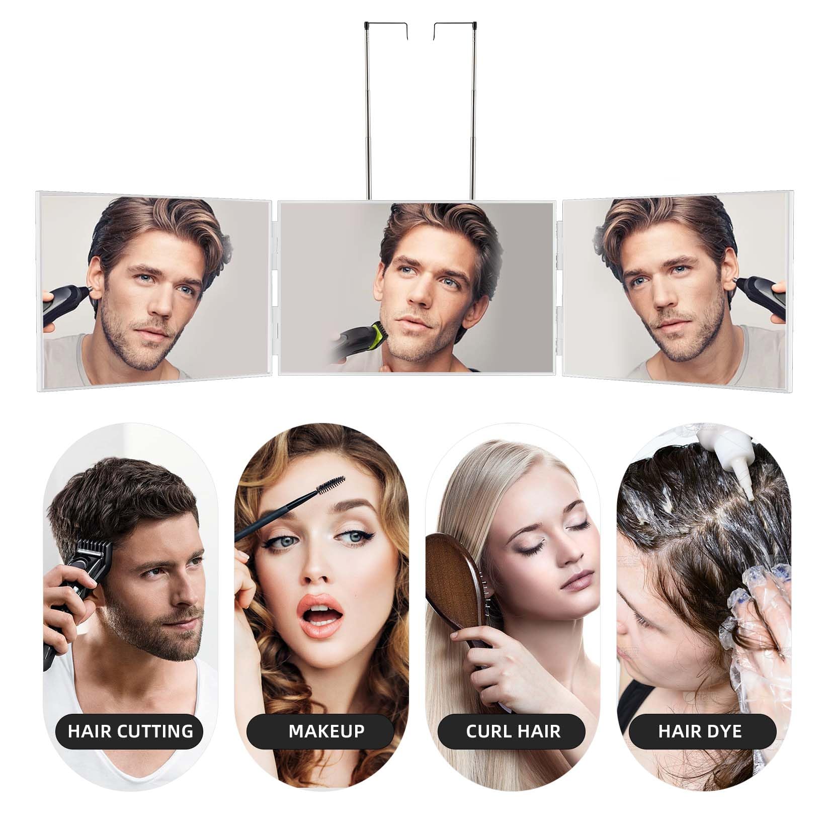 Essbhach 3-Way Adjustable LED Mirror - 360° Rotating Vanity & Barber Mirror for Women & Men, Height-Adjustable Wall Mount with Hooks - Perfect for Salon, Bathroom & Home Makeup Station