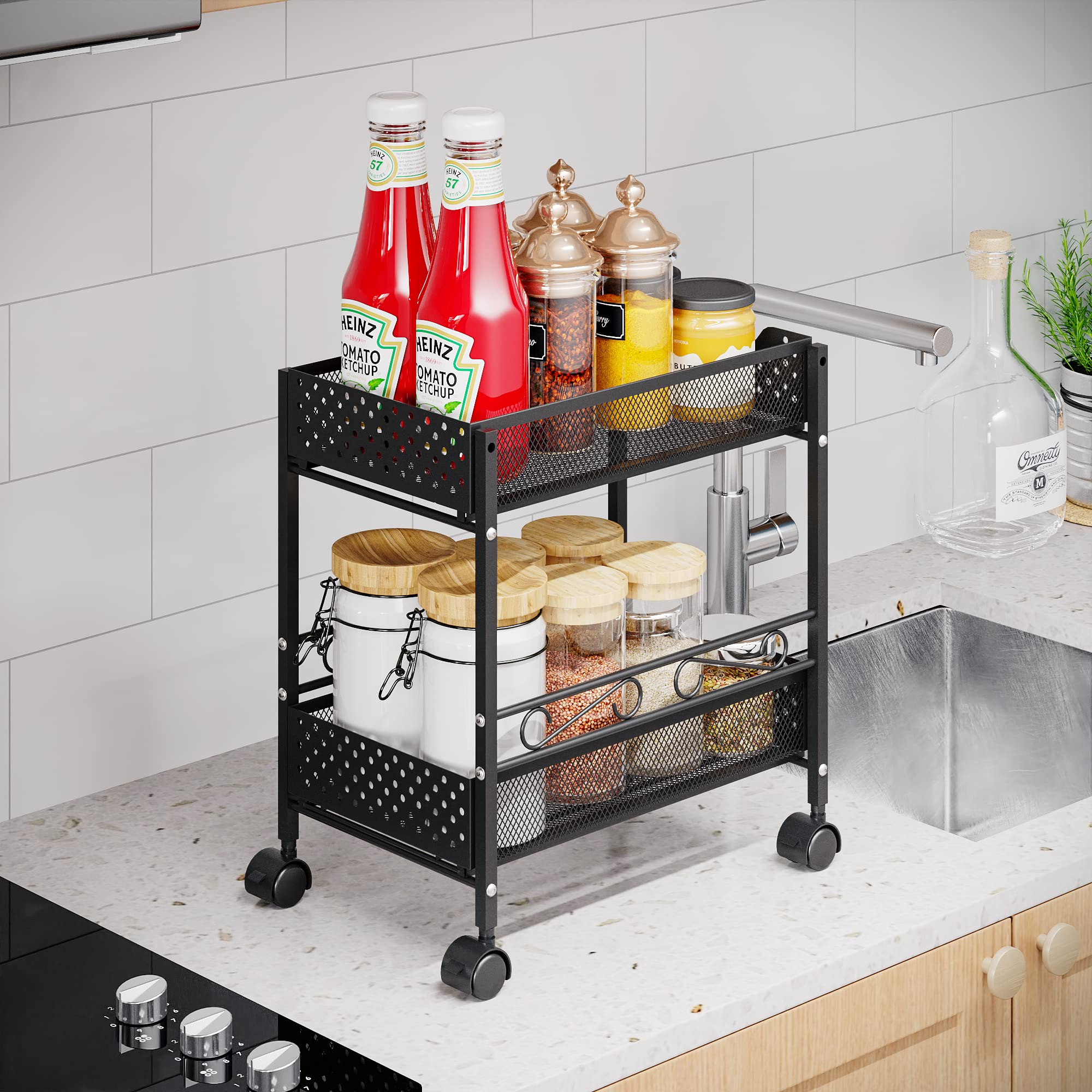 2-Pack 2-Tier Under Sink Organizer with Sliding Drawer - Space Saving Storage Solution for Kitchen & Bathroom Cabinets - Perfect for Organizing Cleaning Supplies, Cosmetics and Toiletries - Black