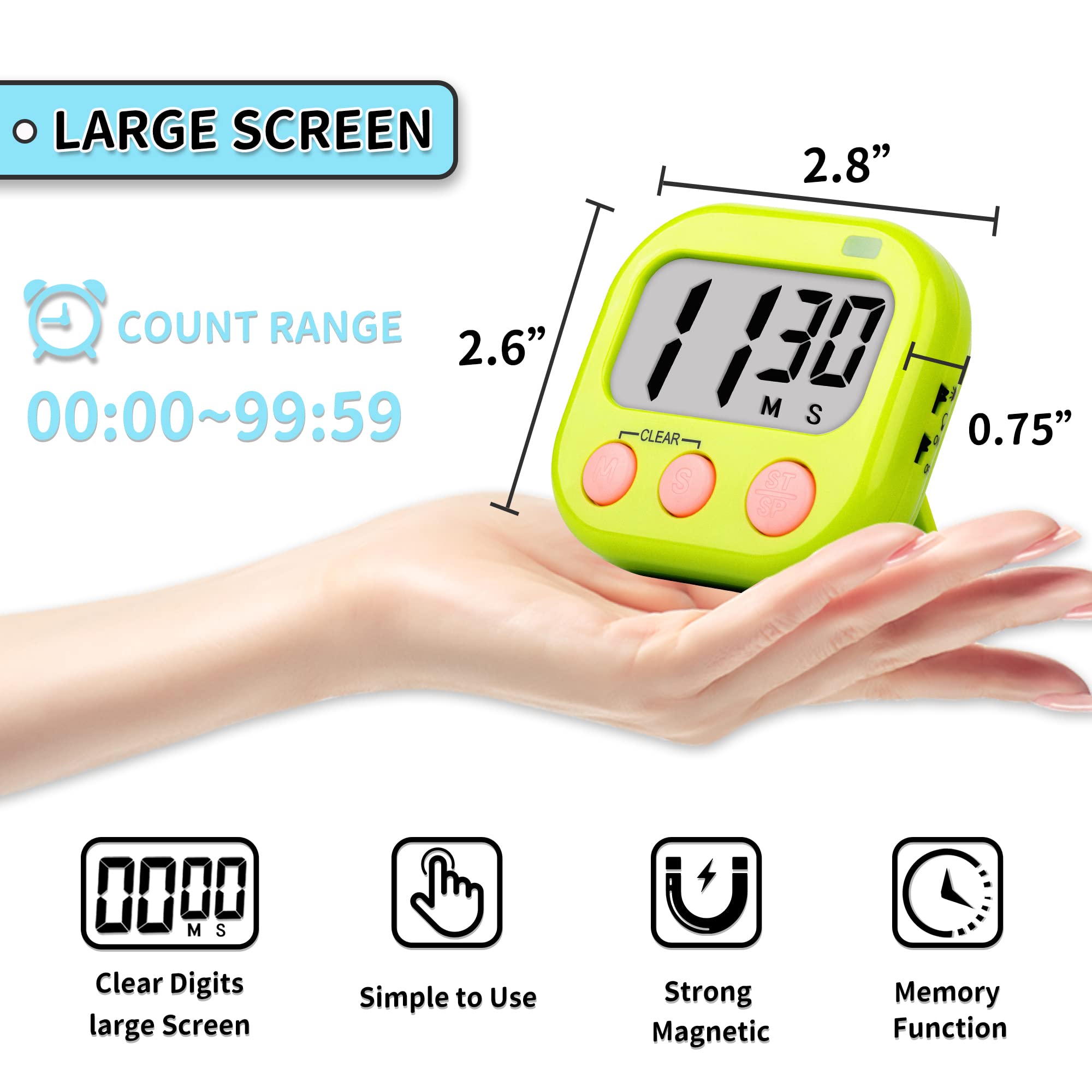 2 Pack Large Magnetic Digital Kitchen Timer for Cooking, Kids & Teachers - Blue & Green | Perfect for Classrooms, Baking, and Time Management