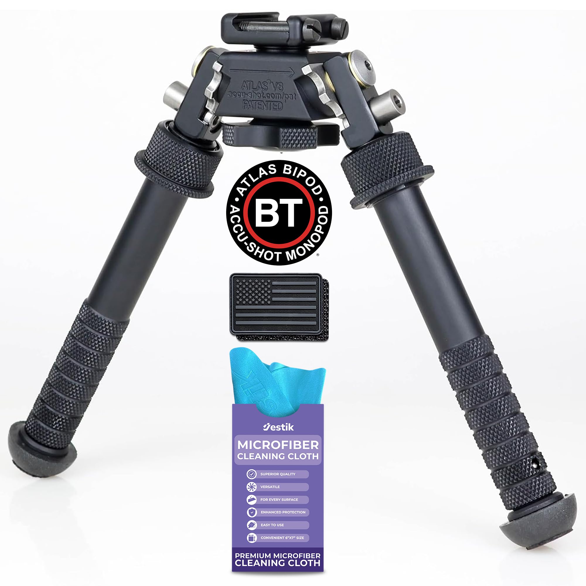 Accu-Shot Atlas BT10 V8 Bipod with Two-Screw Clamp | Includes USA Flag Patch & Jestik Microfiber Cleaning Cloth | Perfect for Precision Shooting, Hunting & Tactical Use