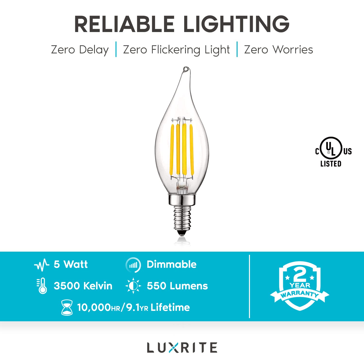 LUXRITE Vintage LED Candelabra Bulbs 24 Pack - 60W Equivalent, 550 Lumens, 3500K Natural White, 5W Dimmable Flame Tip Filament LED Candle Light Bulbs with Clear Glass & E12 Base - Perfect for Chandeliers, Wall Sconces, Ceiling Fans and Vintage Lighting Fixtures