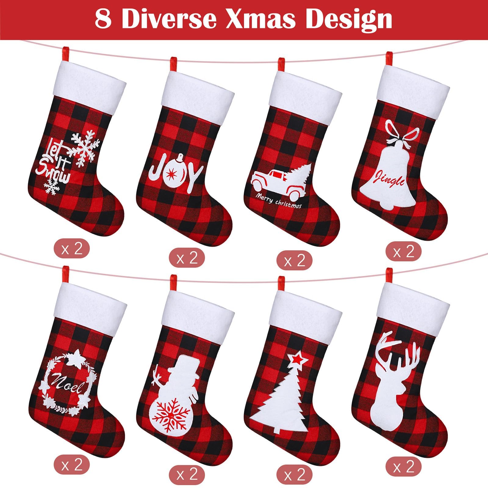 16 Pack Red & Black Buffalo Plaid Christmas Stockings - 18 Inch Felt Stockings with Santa, Snowman & Reindeer Patterns - Holiday Fireplace Hanging Decor for Xmas Party, Home, and Office Decorations