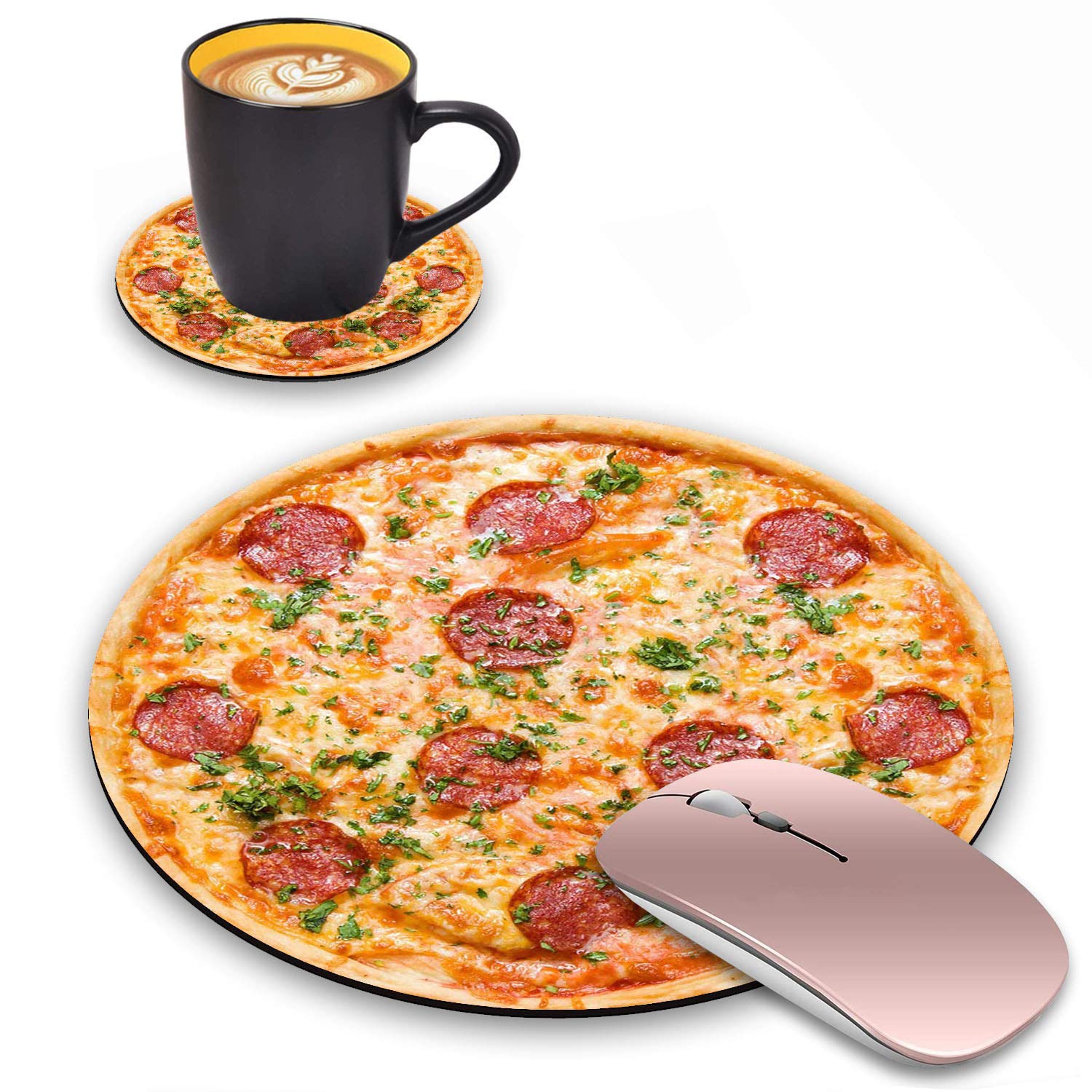 LACOMA Round Mouse Pad and Coasters Set - Non-Slip Rubber Base Pizza Design Mouse Pad for Laptop & Computer, Cute Desk Accessories | Perfect for Office, Gaming & Home Workspace Decor