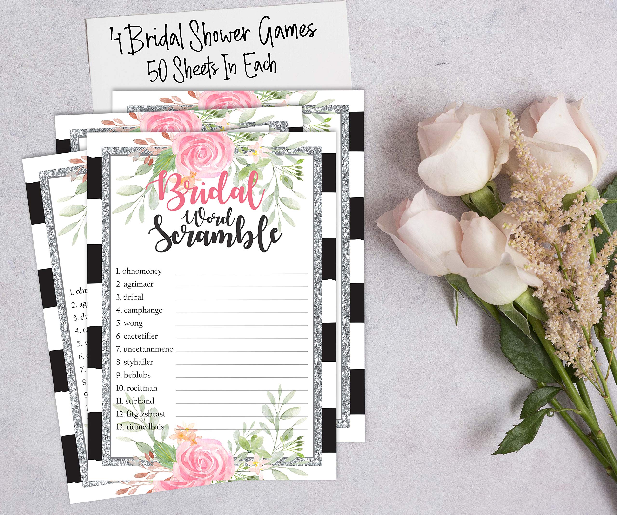Floral Bridal Shower Games Set of 4 (50 Sheets Each) - Fun Bachelorette Party Games Bundle for Wedding Showers, Girls Night & Bachelorette Parties