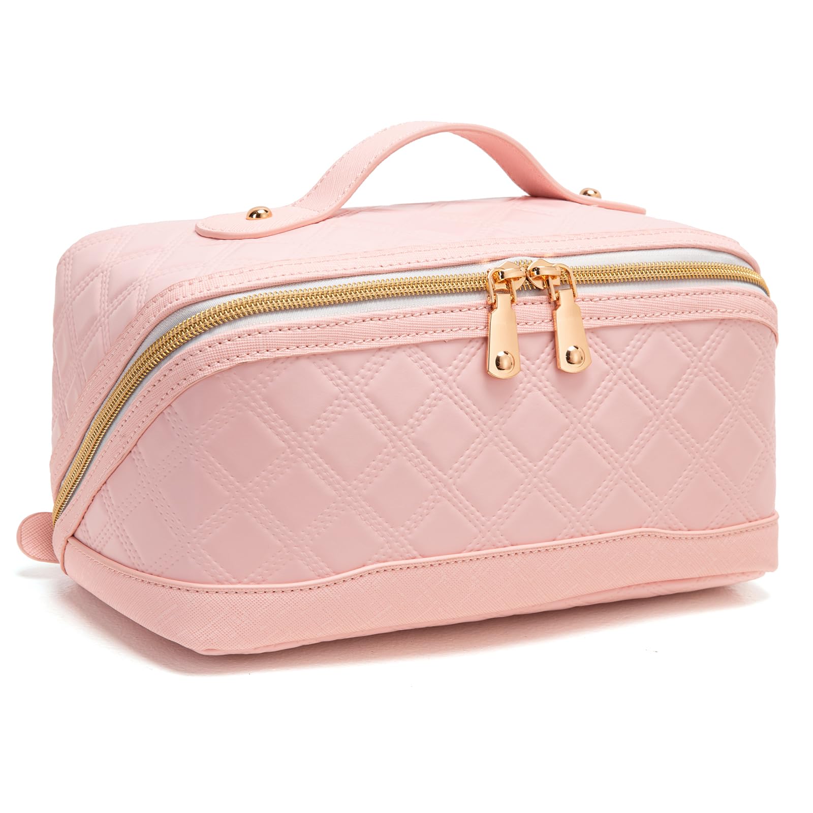 Large Capacity Travel Makeup Bag for Women - PU Leather Checkered Cosmetic Organizer with Handle & Divider, Pink Toiletry Bag | Perfect for Air Travel, Gym, Weekend Getaways & Daily Beauty Storage