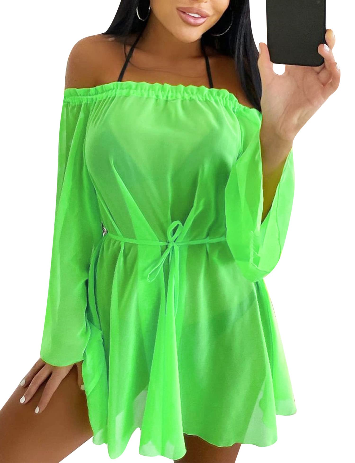 Awoscut Women's Off Shoulder Mesh Beach Cover Up Dress - Oversized Bikini Swimsuit Coverup for Pool, Vacation & Summer Outfits