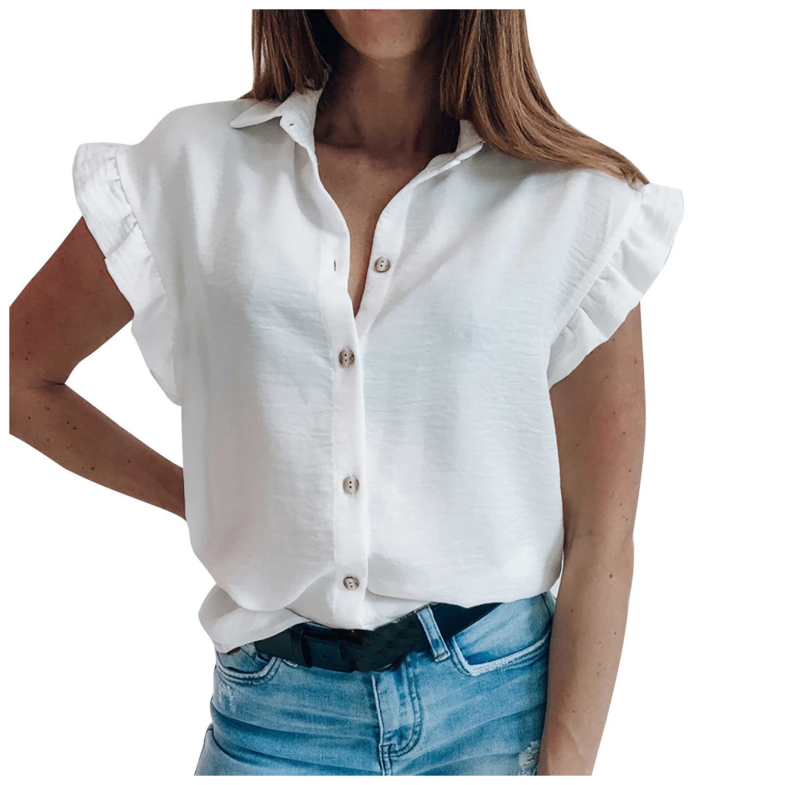 Women's Button-Down Collar Ruffle Sleeveless Summer Blouse - Casual Tank Top Tee for Ladies | Perfect for Beach Outings, Summer Parties & Everyday Wear