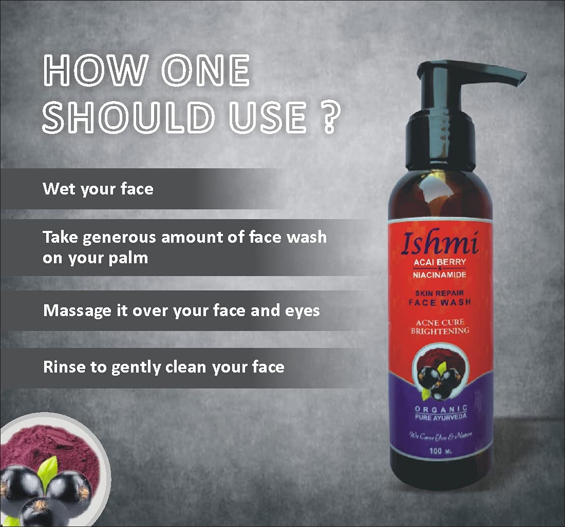 Ishmi Acai Berry & Niacinamide Face Wash - 100ml | Hydrating & Gentle Cleanser for Acne, Pimples & Combination Skin | SLS, Paraben & Silicone Free | Daily Skincare Routine for Clear, Glowing Skin