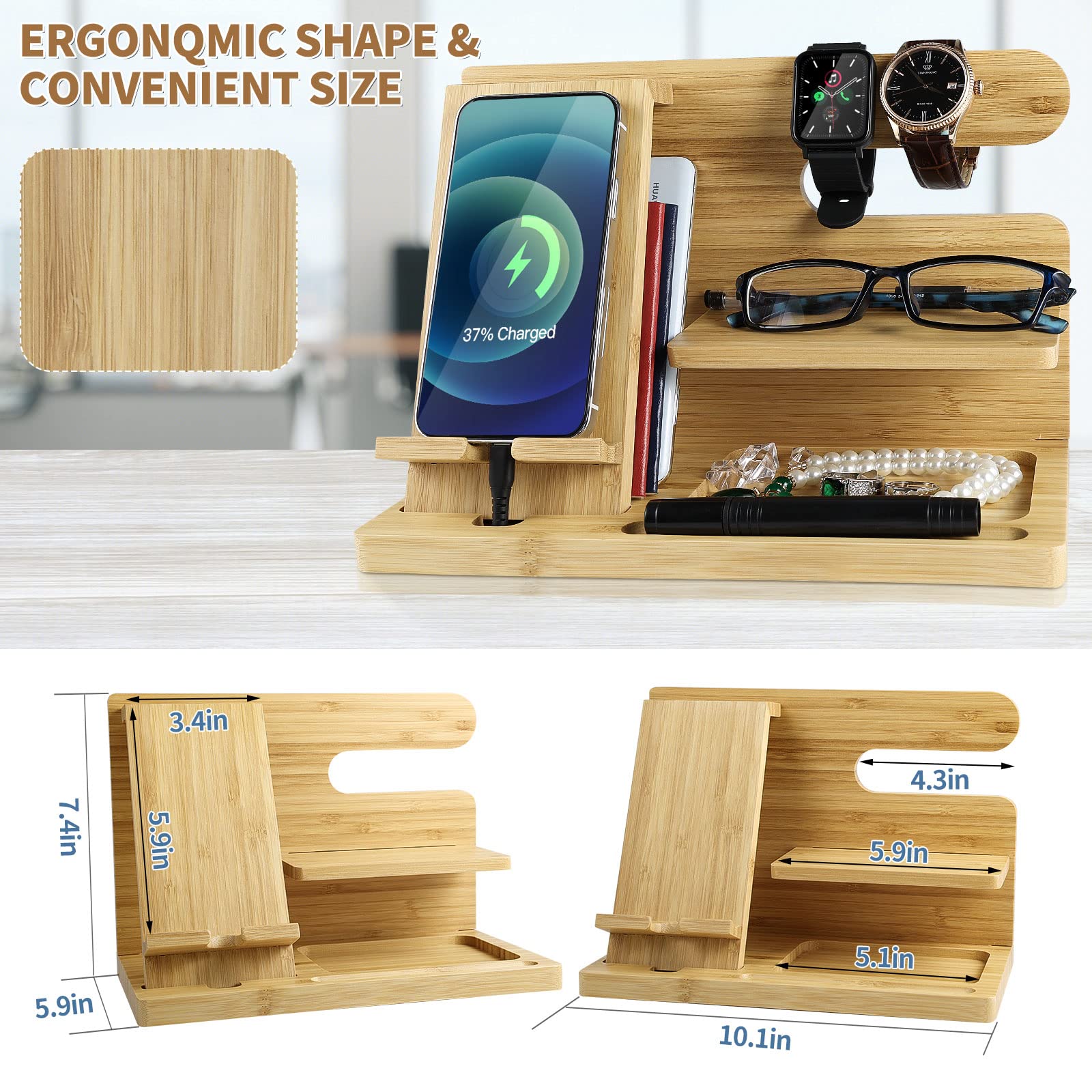 Premium Wooden Docking Station & Charging Organizer for Men - Multi-Device Nightstand Stand for Phone, Watch, Earbuds & Tablets - Perfect Home & Office Electronics Accessory for Neat Charging & Organization