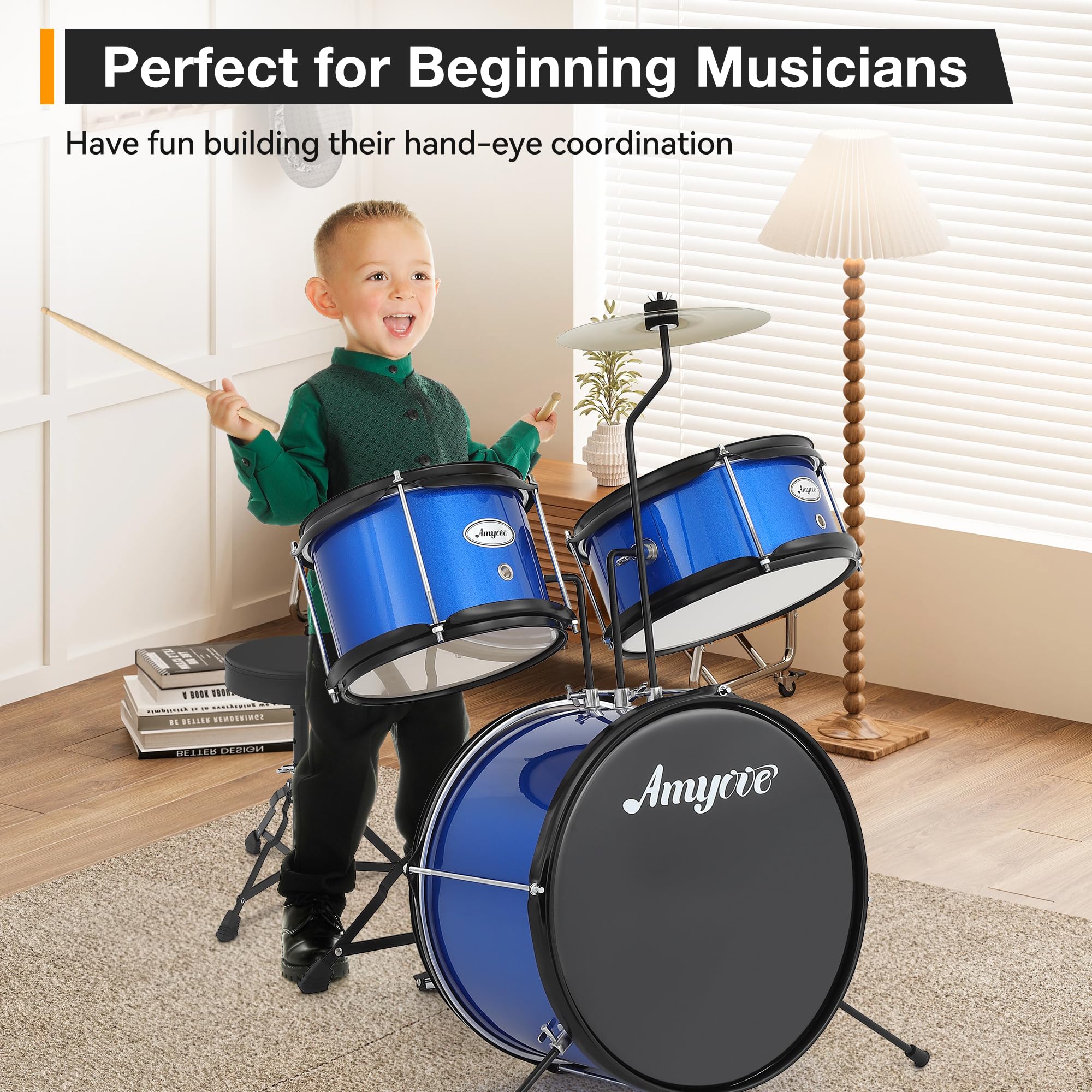 **3-Piece Kids Drum Set for Beginners - Blue Junior Drum Kit with Cymbal, Tom, Bass Drum, Drumsticks & Pedal - Includes Adjustable Drum Stool - Perfect for Boys & Girls Learning Music at Home or School**