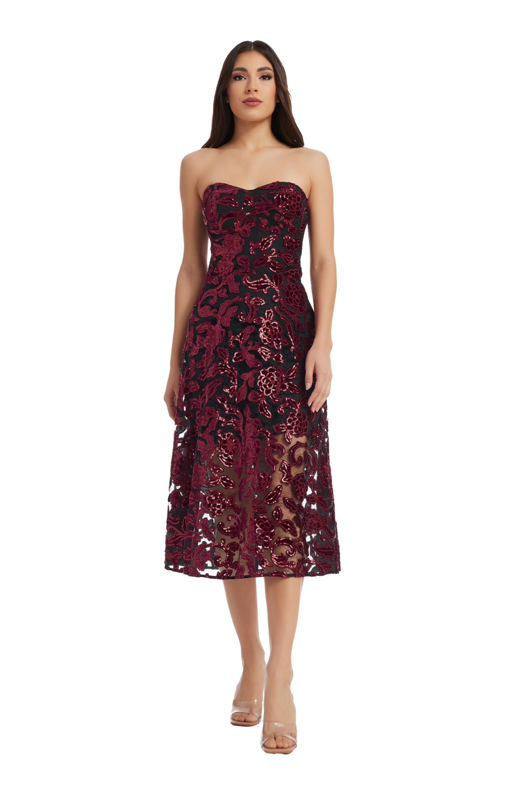 Dress the Population Women's Sadie Fit and Flare Midi Dress - Elegant A-Line Cocktail Dress for Weddings, Parties & Special Occasions