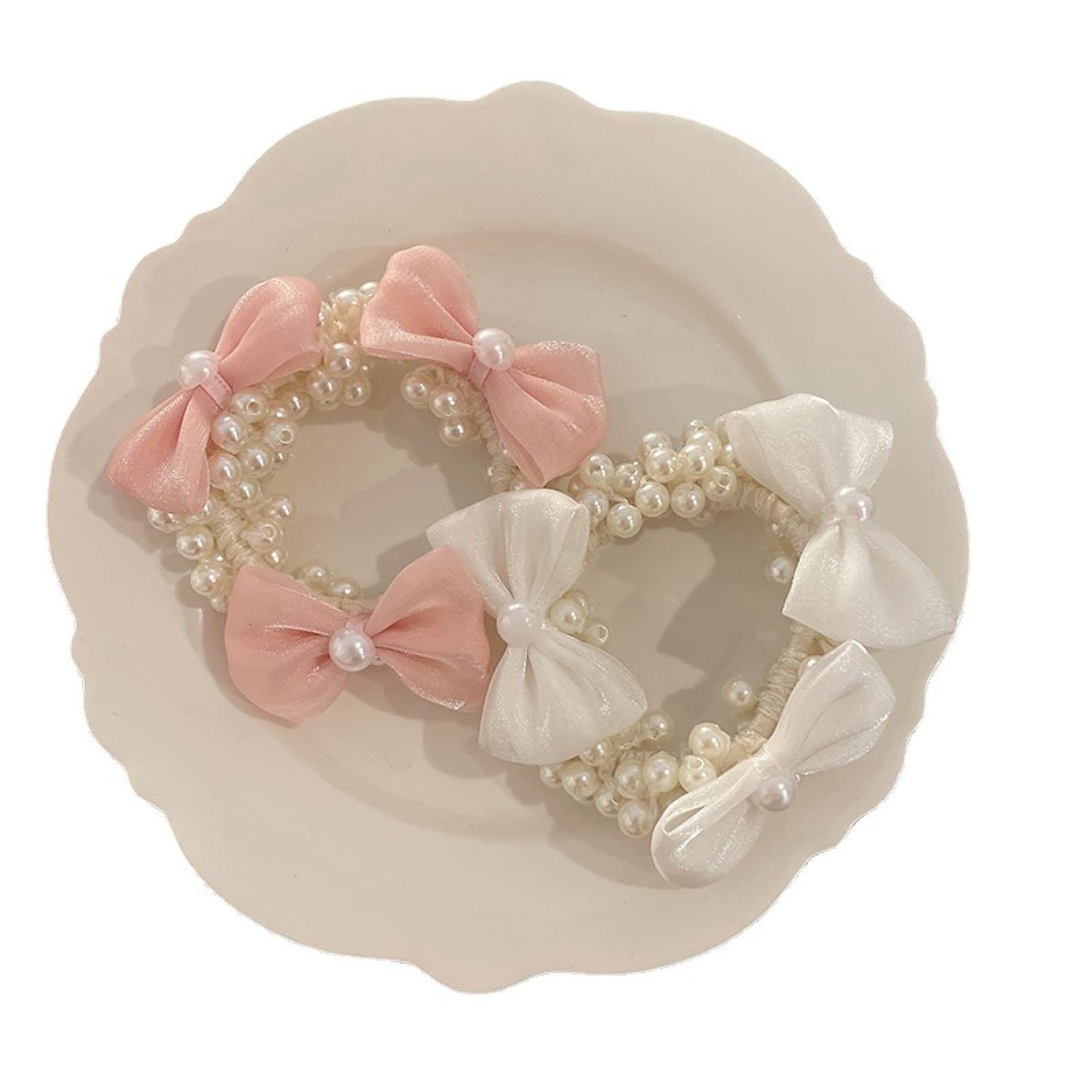 2Pcs Spring Bowknot Pearl Hair Ropes for Girls - Elegant Hair Circle Headbands & Rubber Band Hair Accessories for Women, Perfect for School, Parties & Daily Styling