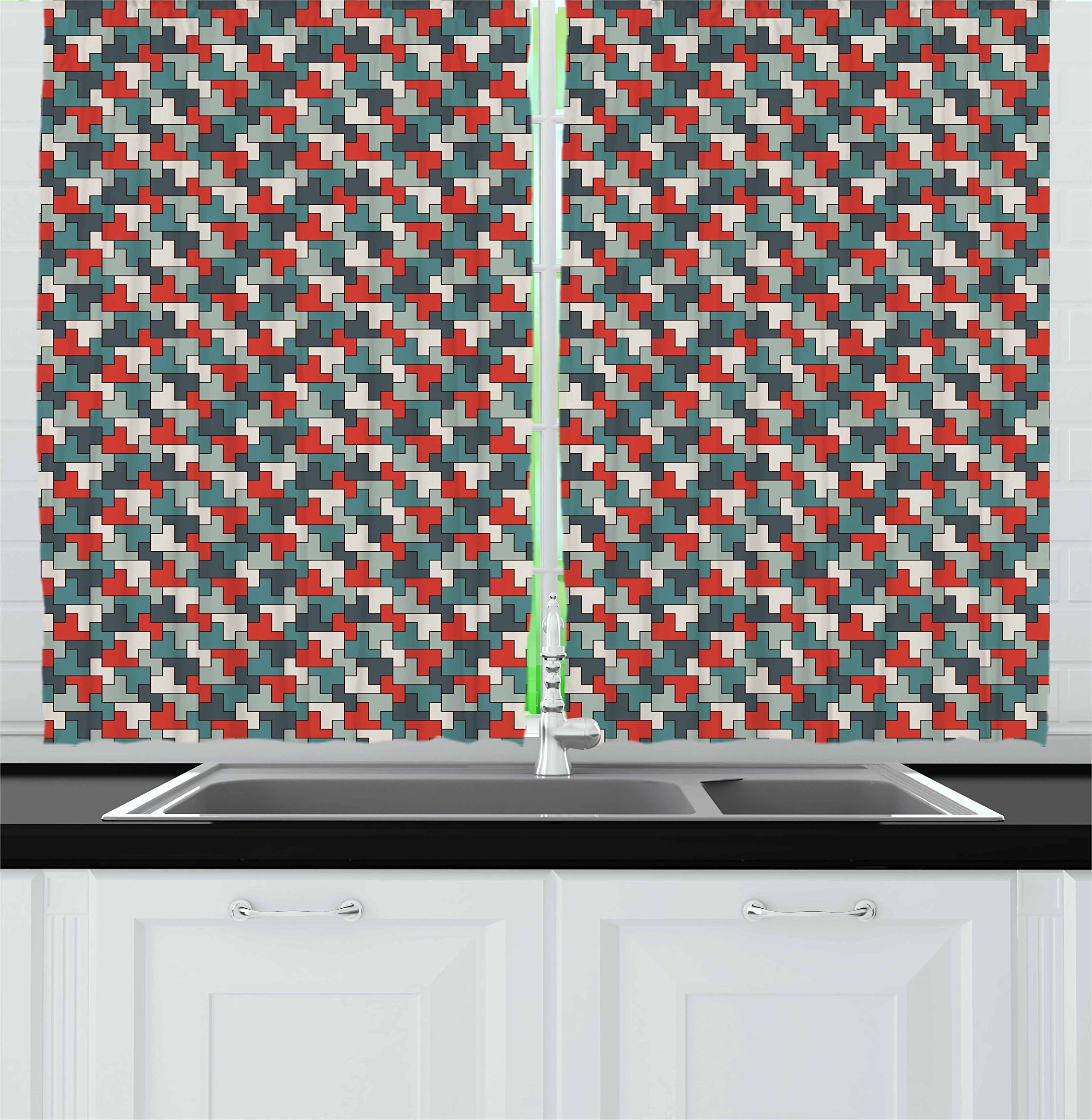 Ambesonne Abstract Kitchen Curtains Set of 2 Panels - Modern Geometric Mosaic Pattern Window Drapes for Kitchen & Cafe Decor, 55