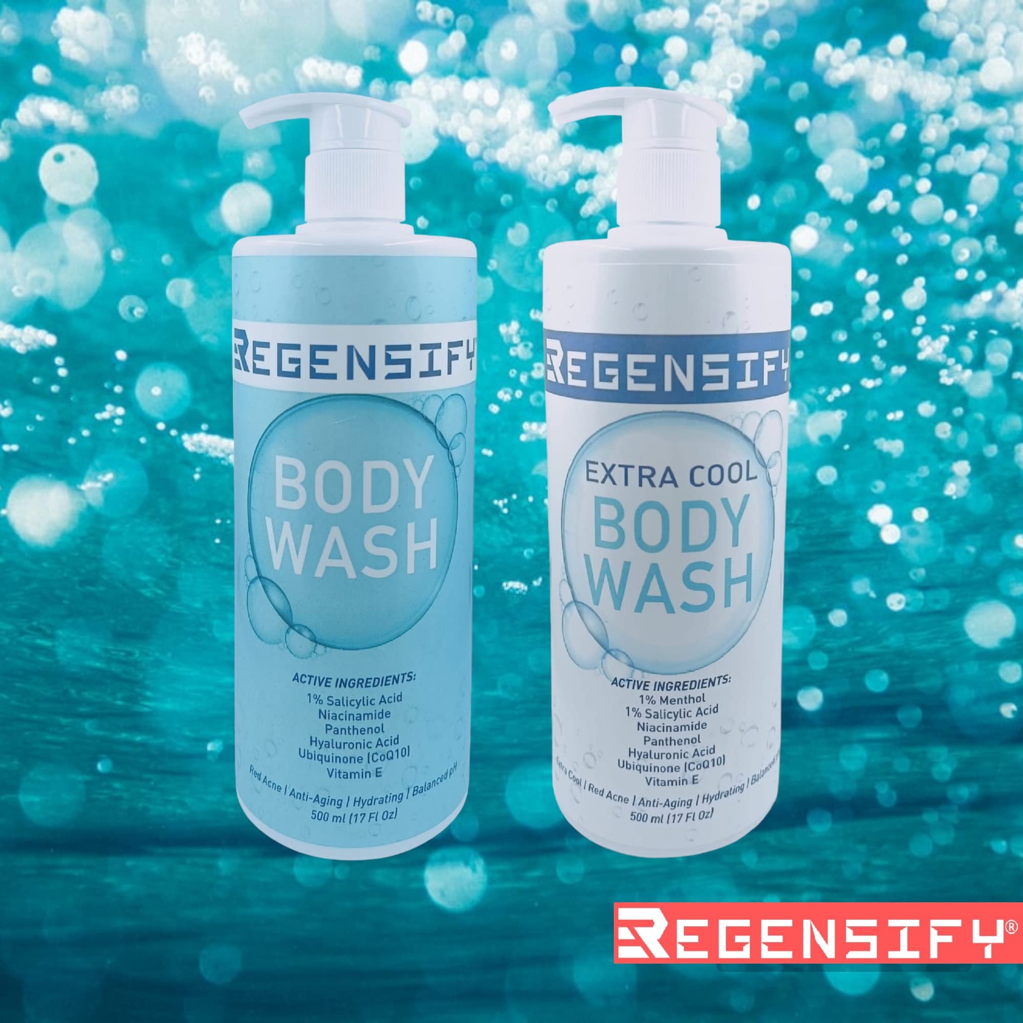 REGENSIFY Red Acne Extra Cool Body Wash 500ml (17 Fl Oz) with 1% Menthol & 1% Salicylic Acid - Niacinamide, Panthenol, Hyaluronic Acid for Anti-Aging & Hydration - Icy Shower Gel for Men & Women - Perfect for Post-Workout, Summer Cooling & Sensitive Skin Care