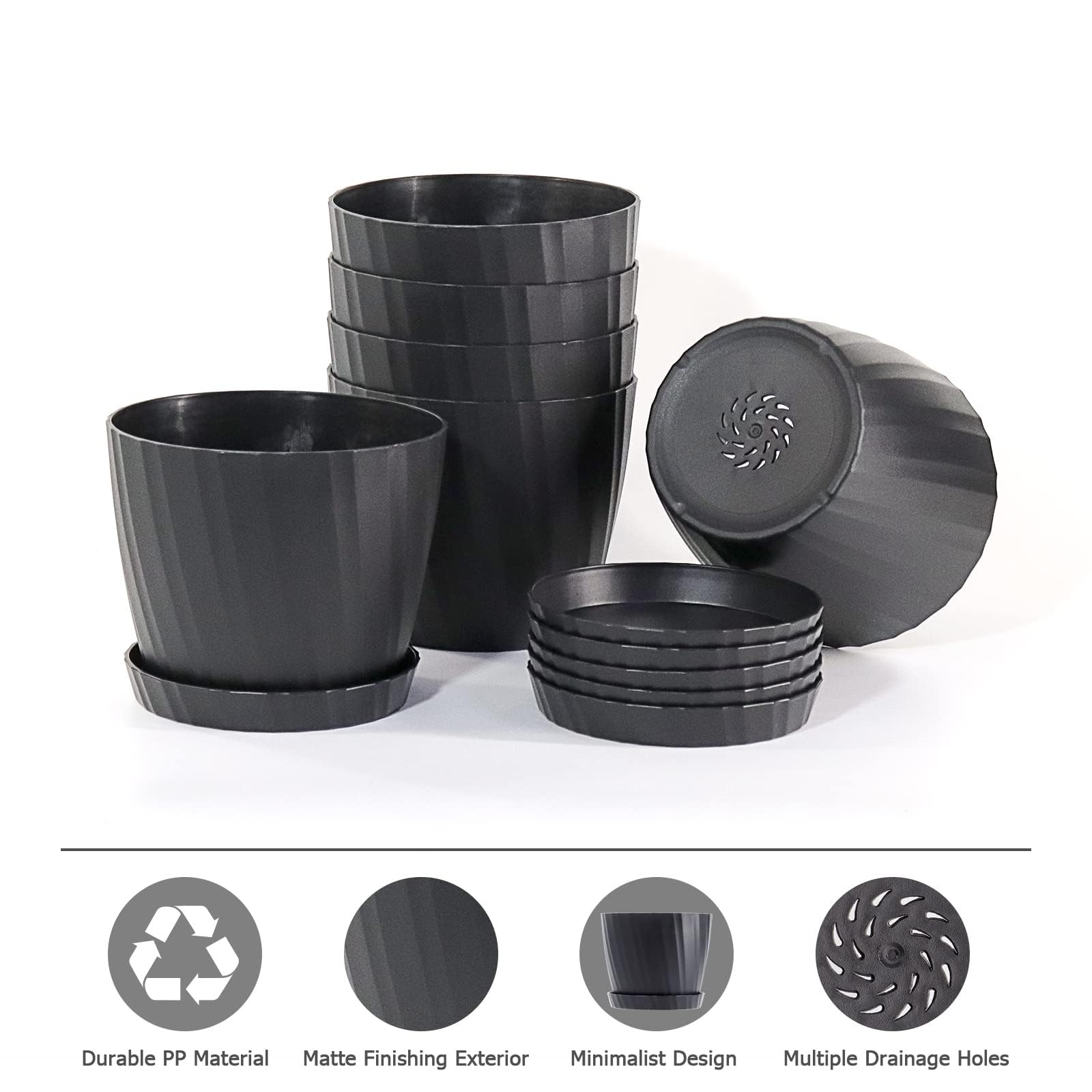 7 Inch Plastic Plant Pots Bulk 6 Pack - Indoor Outdoor Flower Planters with Drainage Holes & Saucers for House Plants, Succulents, Herbs - Perfect for Home Garden, Balcony Decor, Office Greenery