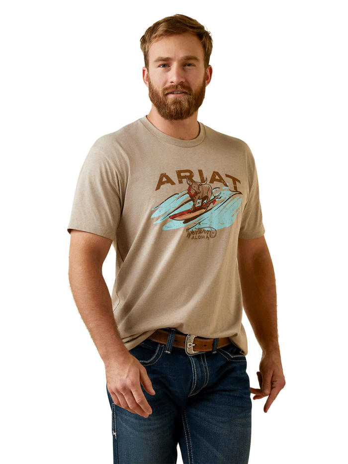 Ariat Men's Surf And Turf Western Aloha T-Shirt - Oatmeal Heather - Casual & Beach Wear for Summer Outdoors & Vacation