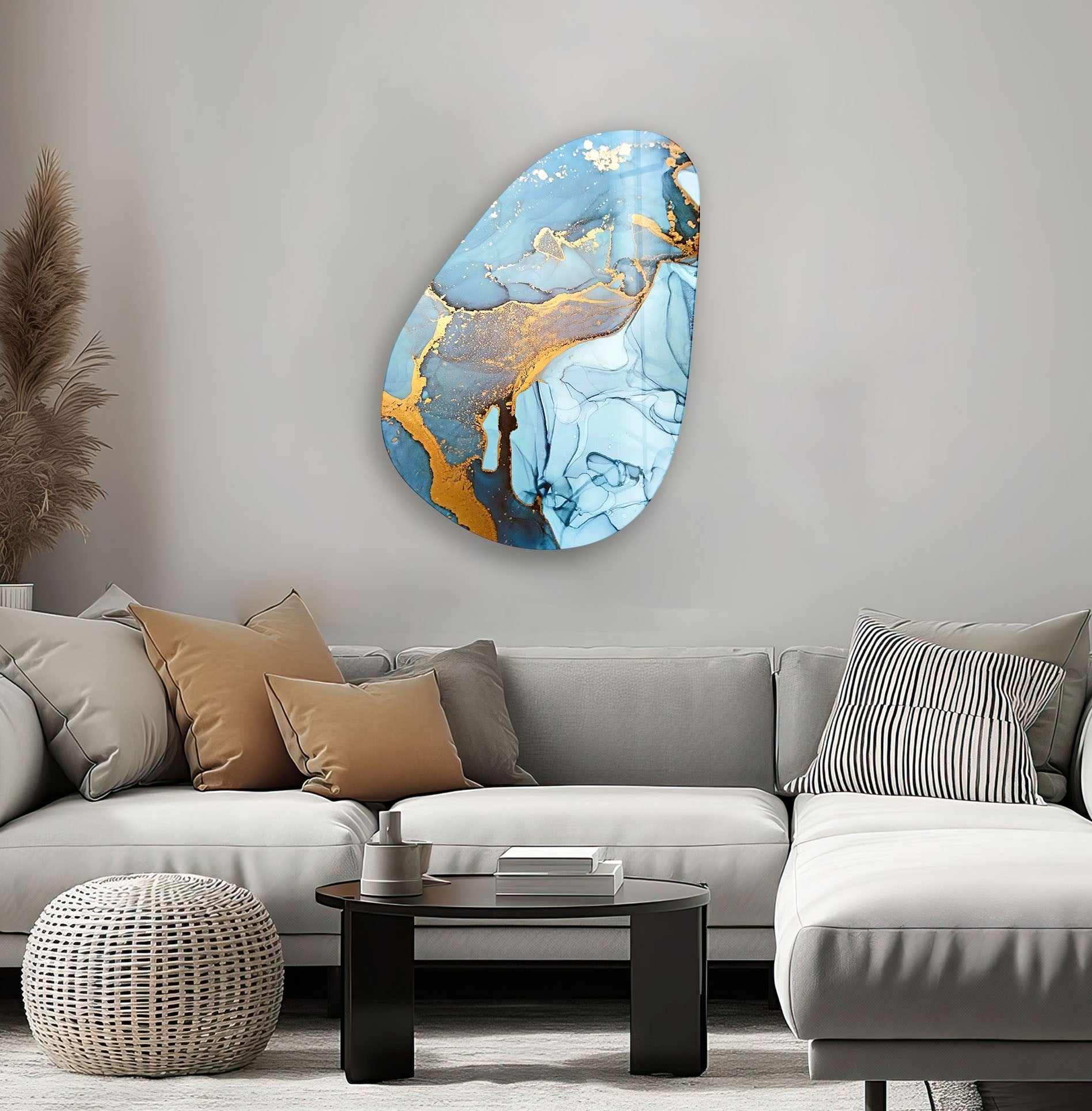 Abstract Blue & Gold Glass Wall Art - Modern Asymmetrical Oval Design for Living Room, Bedroom & Office Decor