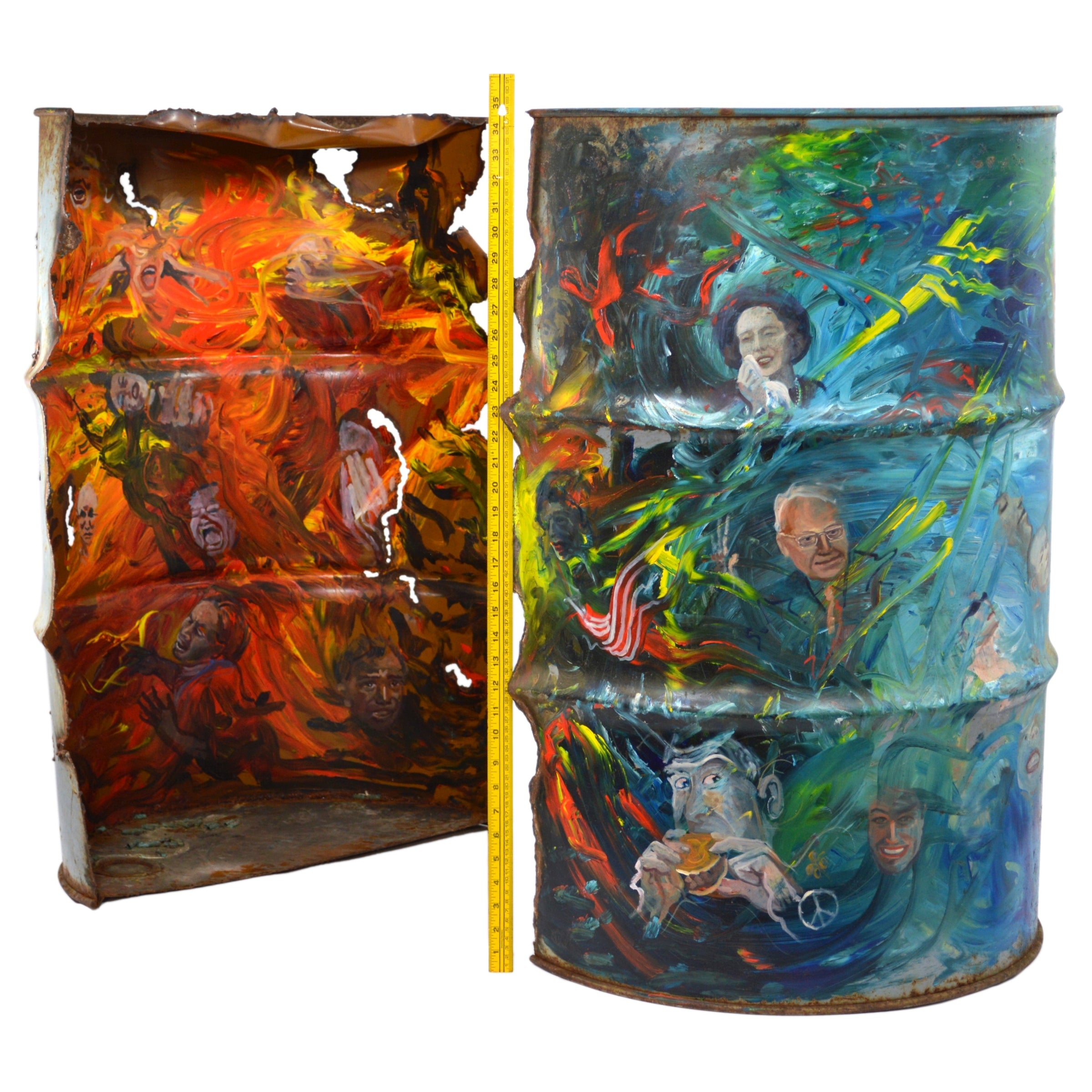 Original Impressionism Painting - Heaven & Hell on Severed Steel Barrel/Drum - Unique Wall Art for Home & Office Decor