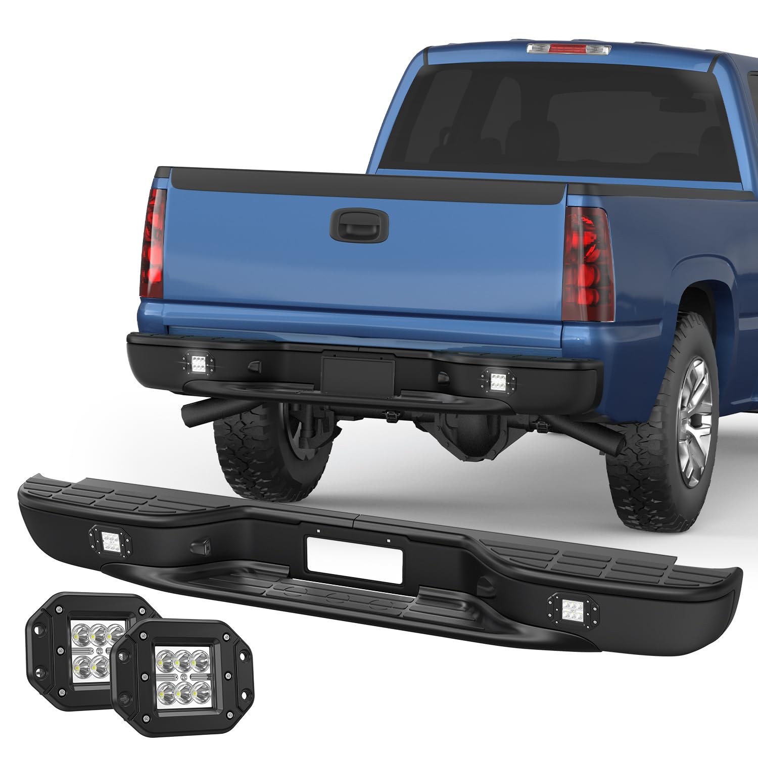 1999-2006 Chevy Silverado/GMC Sierra 1500 Black Steel Rear Step Bumper with LED Square Light - Heavy Duty Truck Bumper Replacement for Off-Road & Towing
