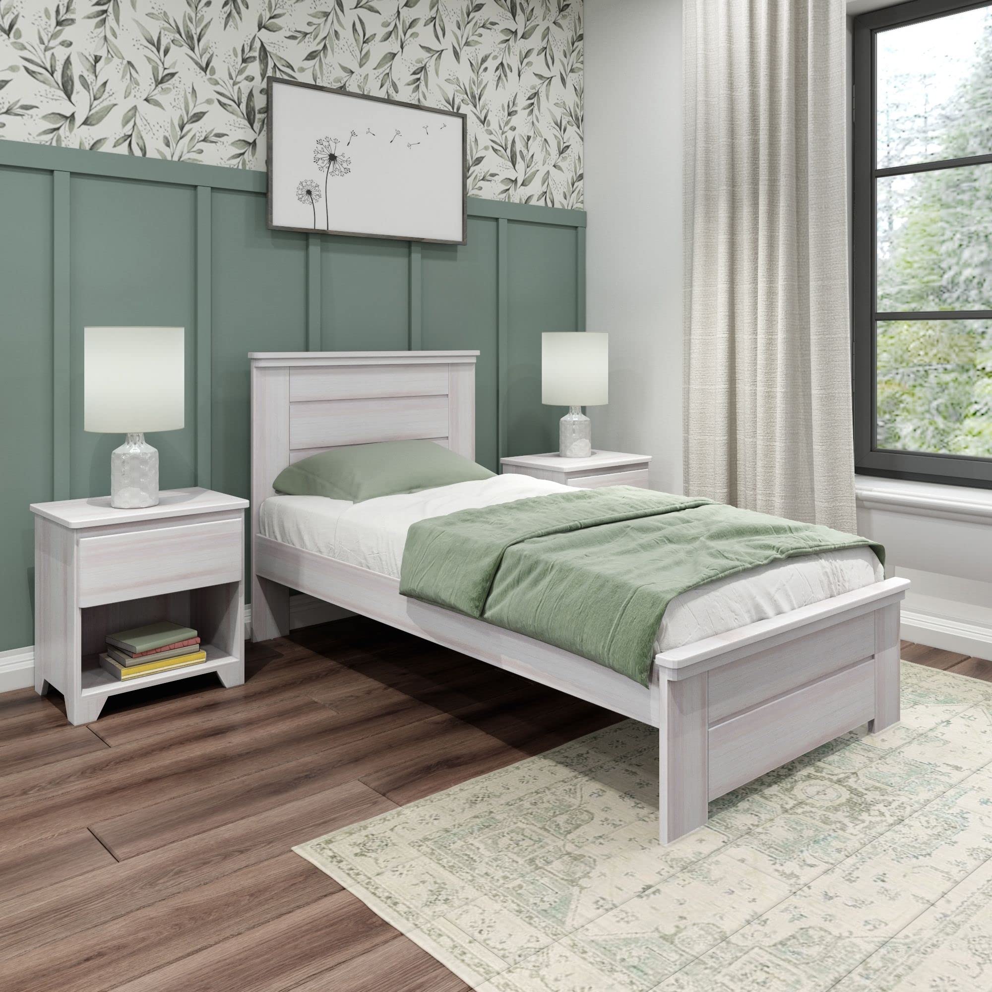 Modern Farmhouse Twin Bed Frame with Headboard for Kids - White Washed Wood Panel Design - Perfect for Nursery, Bedroom & Guest Room